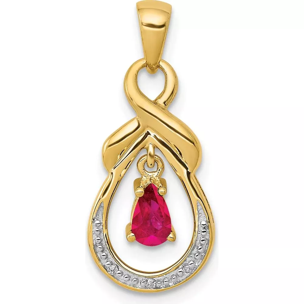 14K Yellow Gold Pear Ruby and Diamond Dangle Pendant - 0.19 Carat Ruby, 0.009 Carat Diamonds by Lumare Gioia