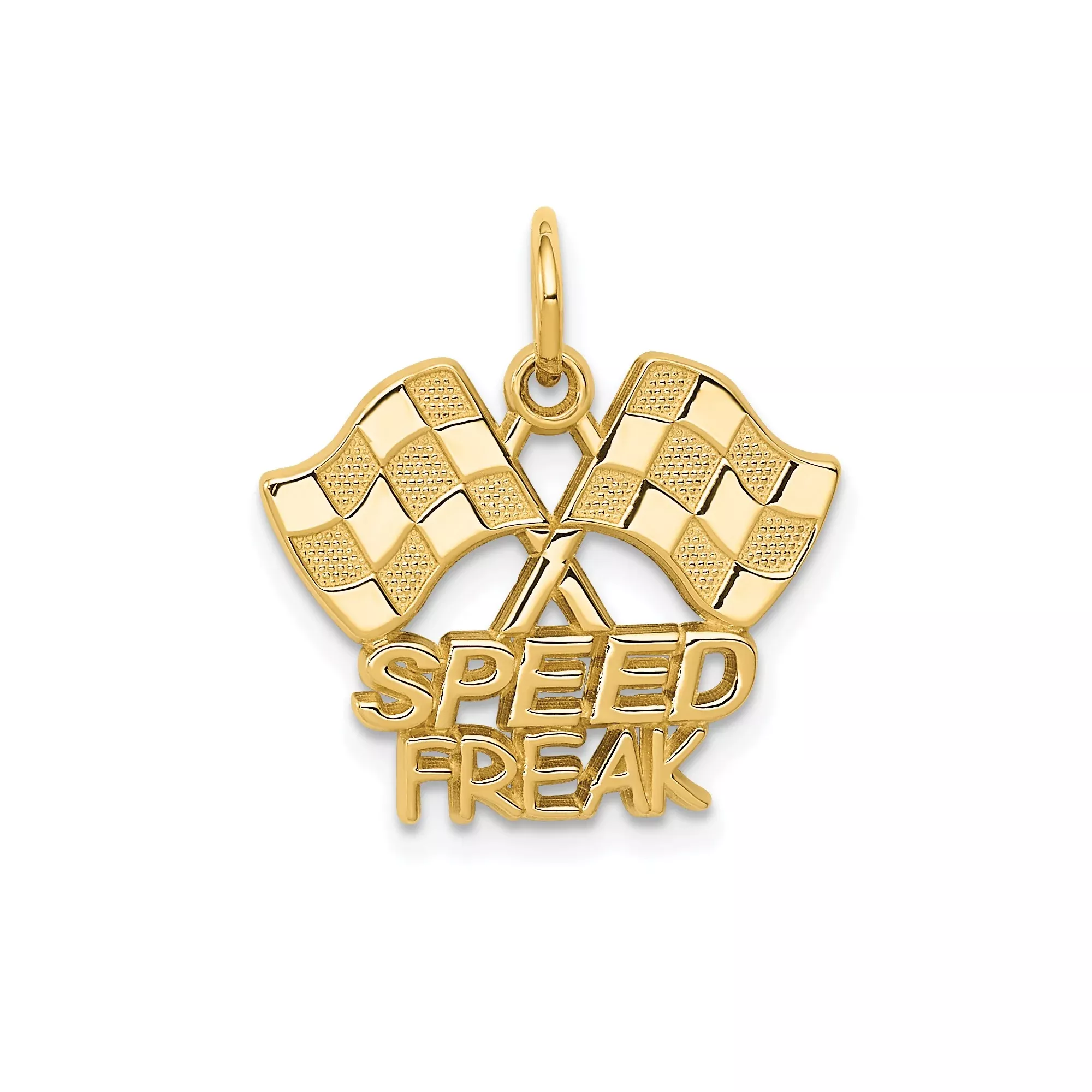 14k Yellow Gold Pendant with Crossed Checkered Racing Flags and Speed Freak Engraving