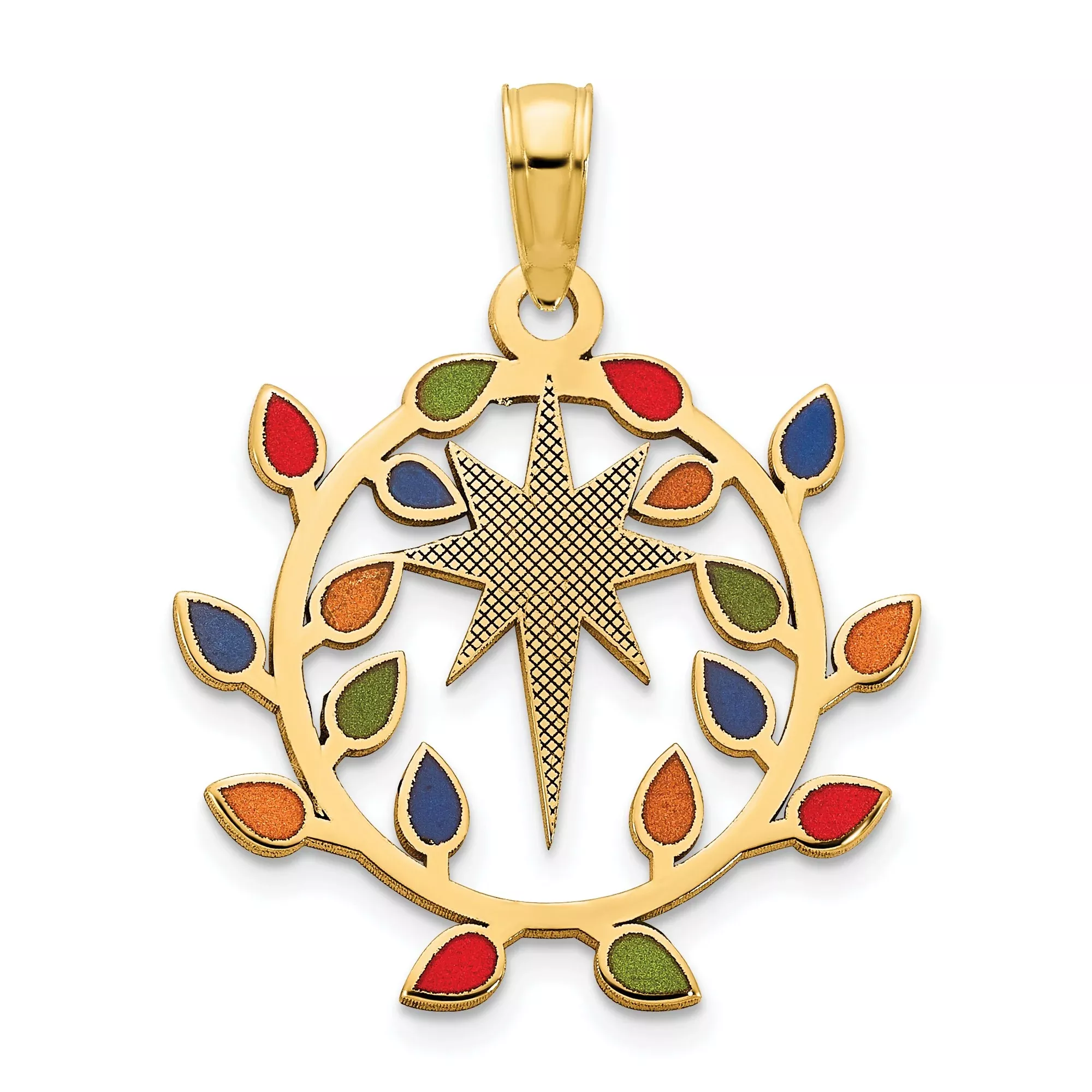 14k Yellow Gold Pendant with Eight-Point Star and Multicolor Leaf Wreath Design