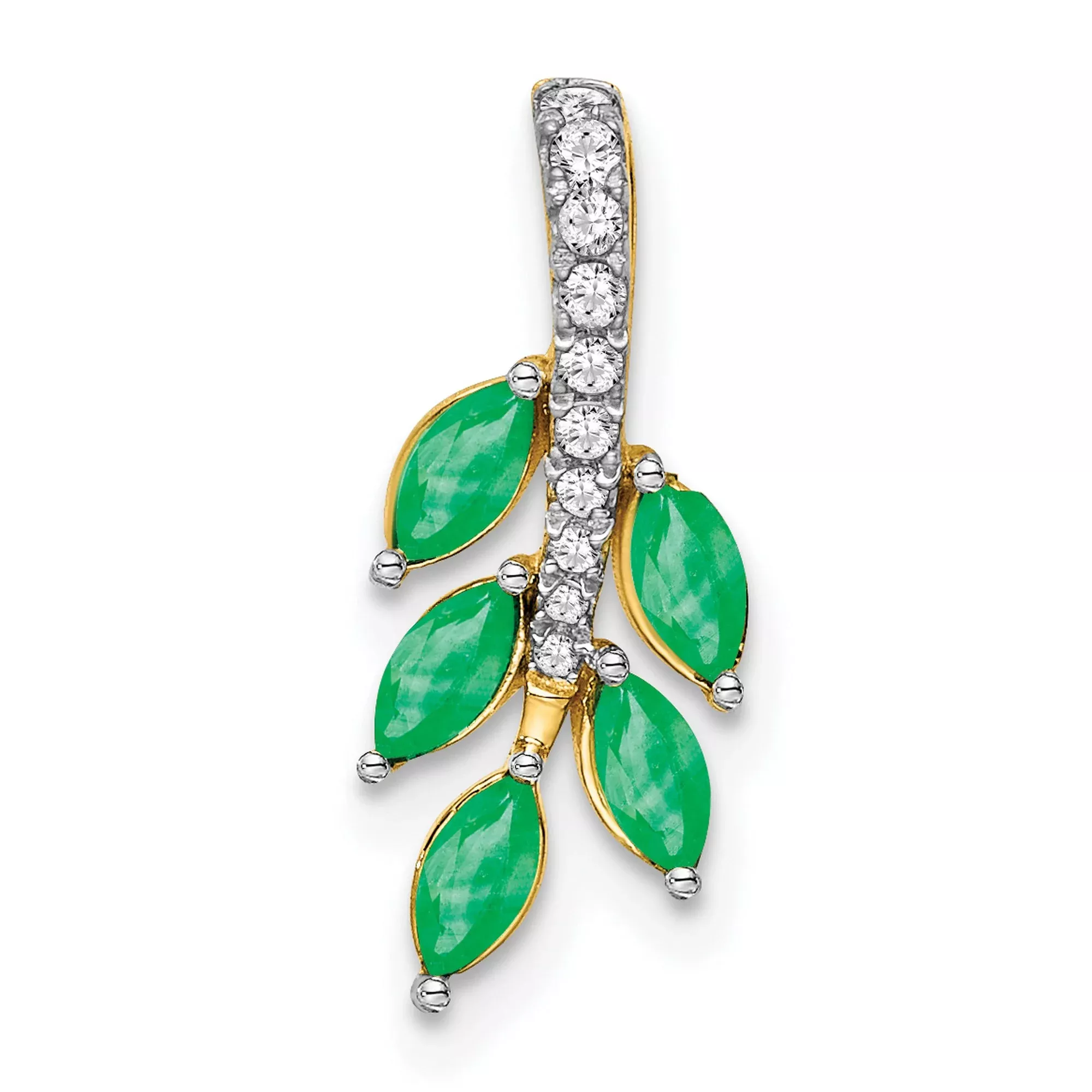 14k Yellow Gold Pendant with Emerald and Diamond, Botanical Leaf Design for Women