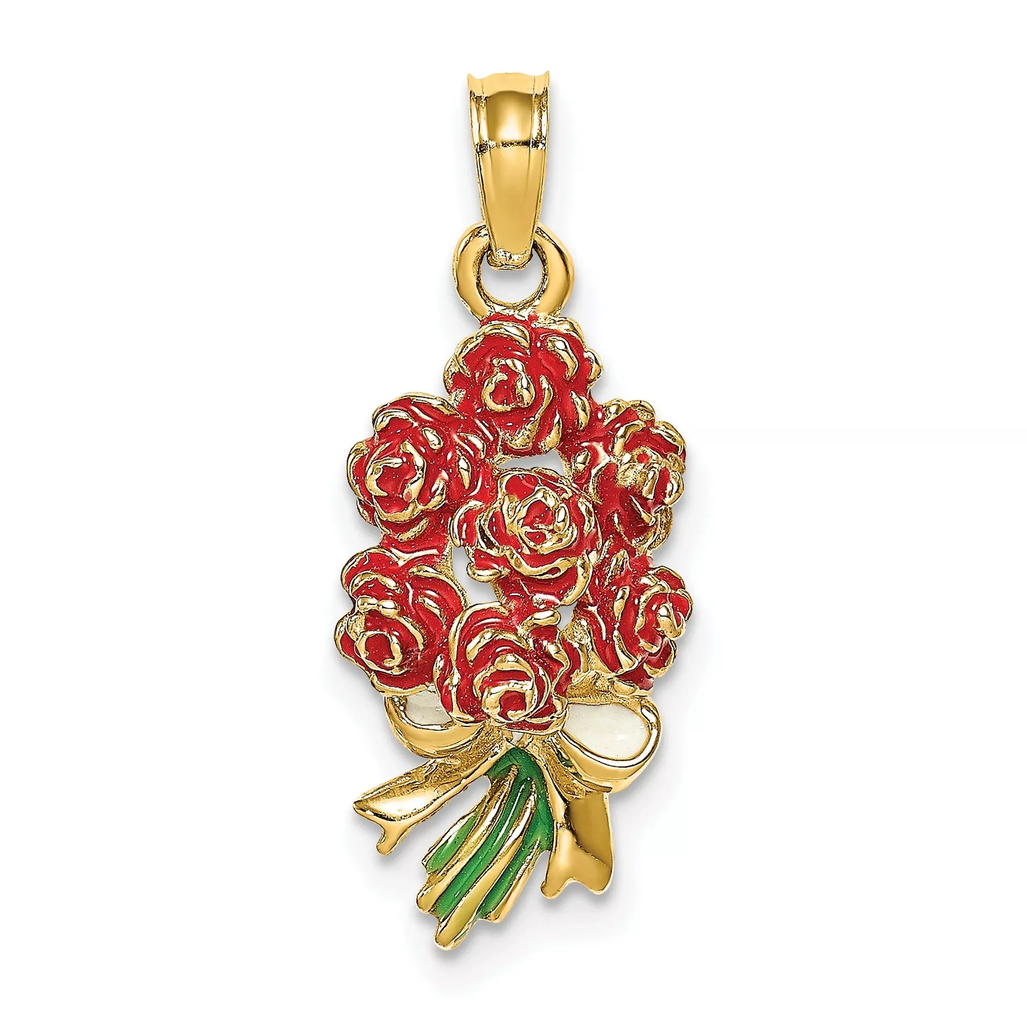 14k Yellow Gold Pendant with Enamel Red Roses and White Bow, Floral Romantic Design