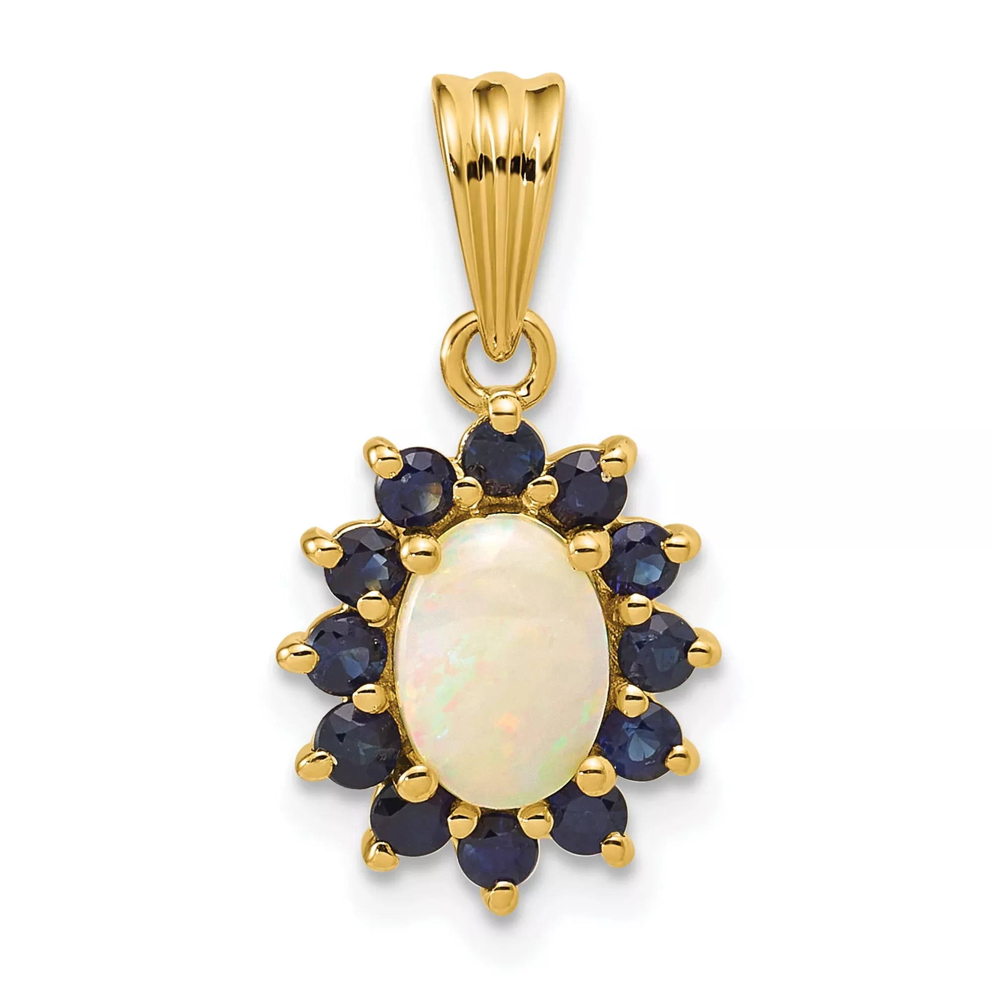 14k Yellow Gold Pendant with Opal and Sapphire Halo, Floral Gemstone Design for Women