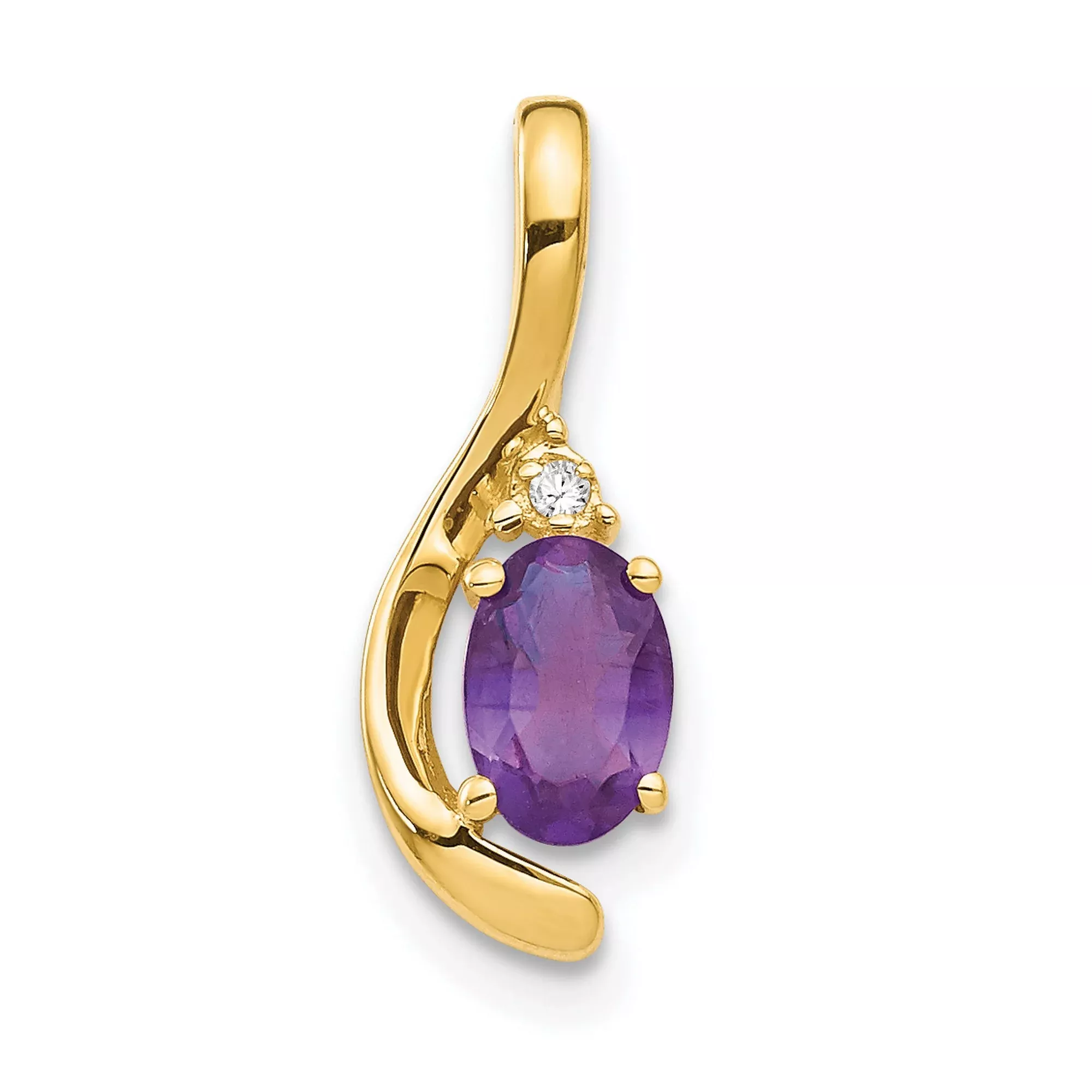 14k Yellow Gold Pendant with Oval-Cut Amethyst and Diamond Accent, Modern Curved Design