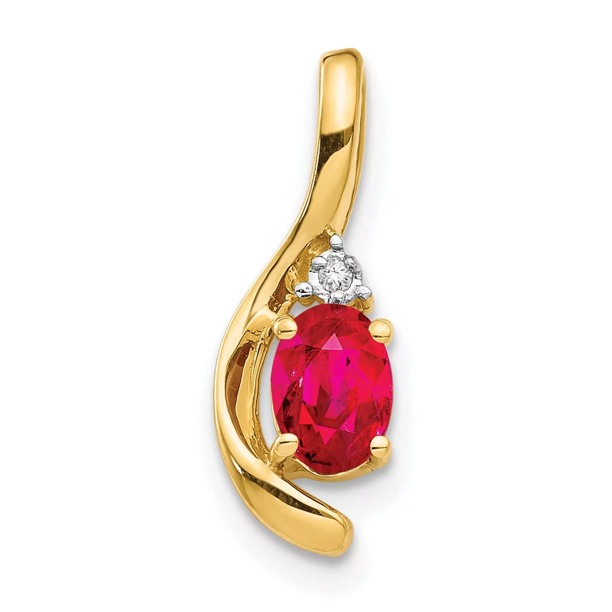14k Yellow Gold Pendant with Oval Ruby and Diamond Accent, Flowing Modern Design for Women