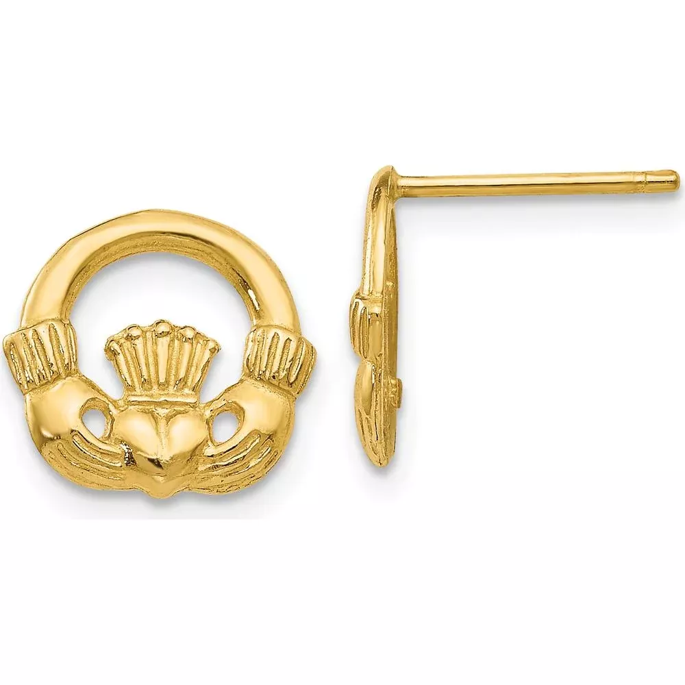 14K Yellow Gold Polished Claddagh Button Post Earrings by Oro Pregiato