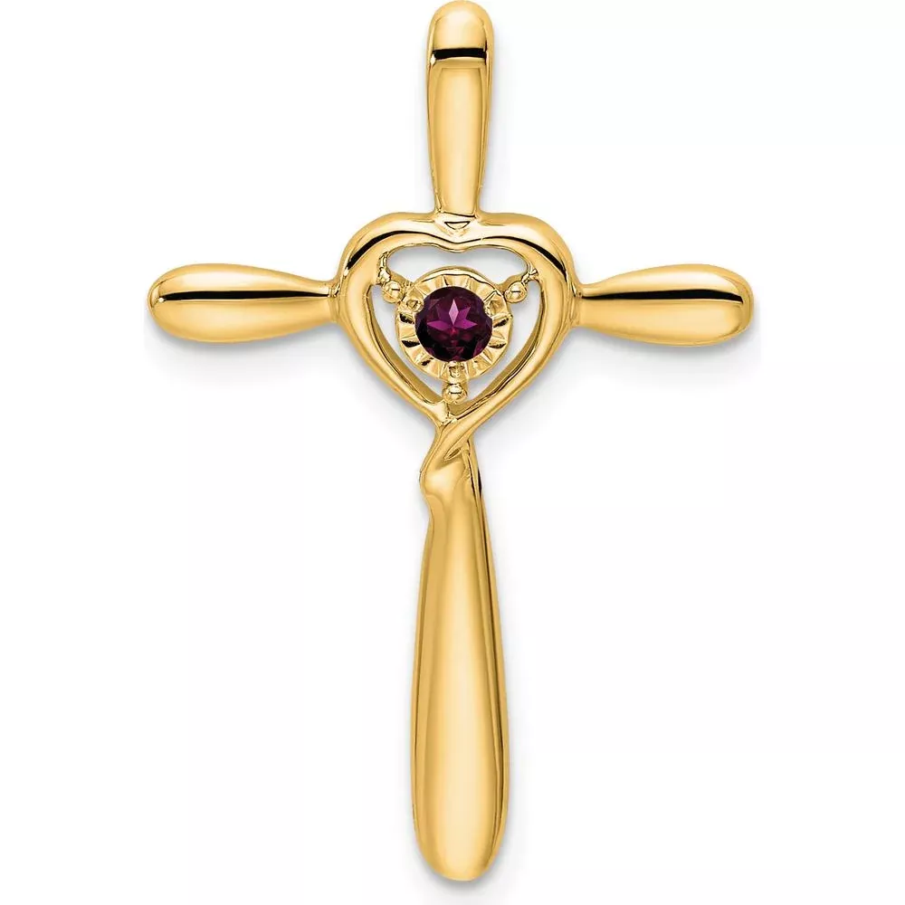 14K Yellow Gold Rhodolite Garnet Cross Pendant with Heart Design - 2.3mm Round Gemstone by Oro Pregiato