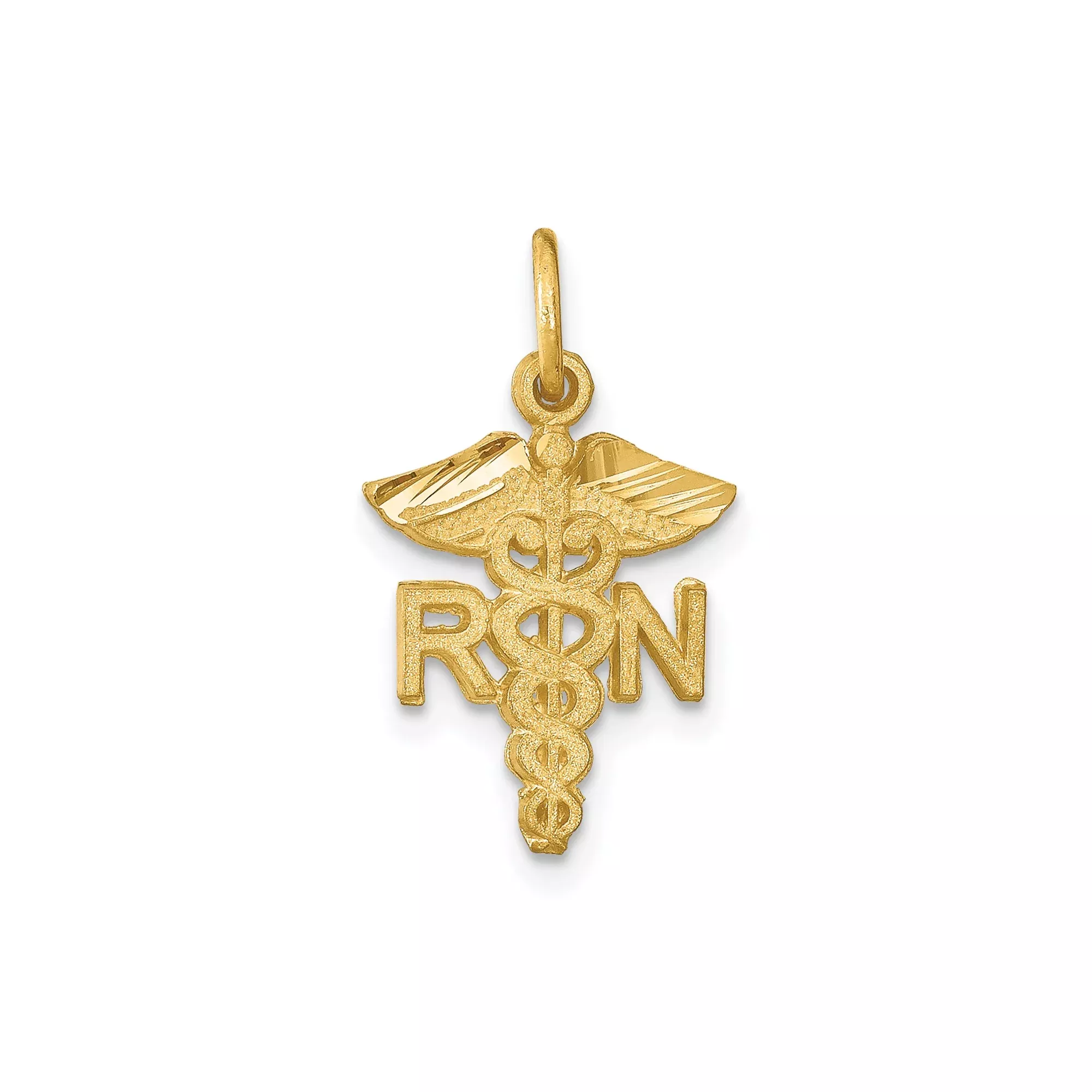 14k Yellow Gold RN Pendant with Caduceus Winged Serpent Symbol, Registered Nurse Charm