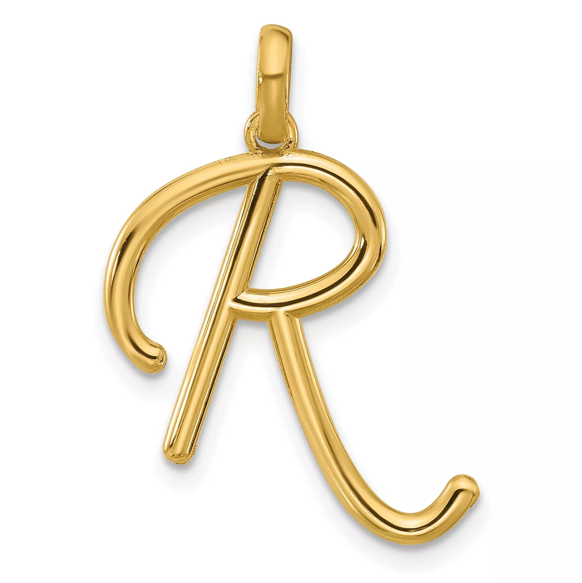 14k Yellow Gold Script Letter R Pendant, Cursive Initial Charm for Women