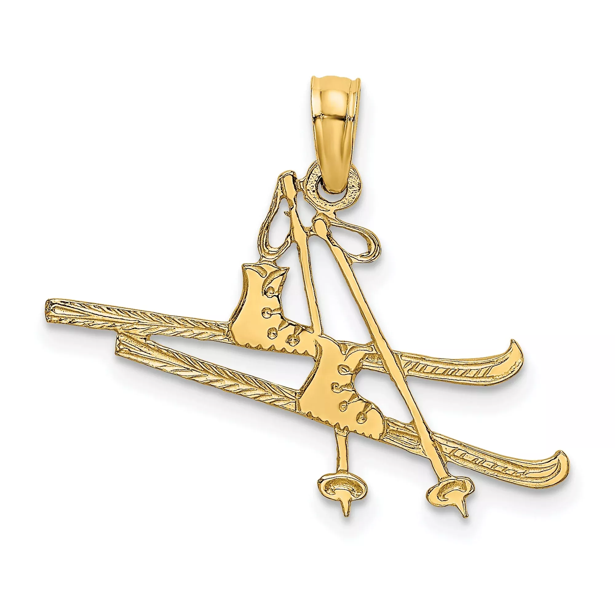14k Yellow Gold Skiing Pendant with Detailed Skis, Poles, and Boots Design