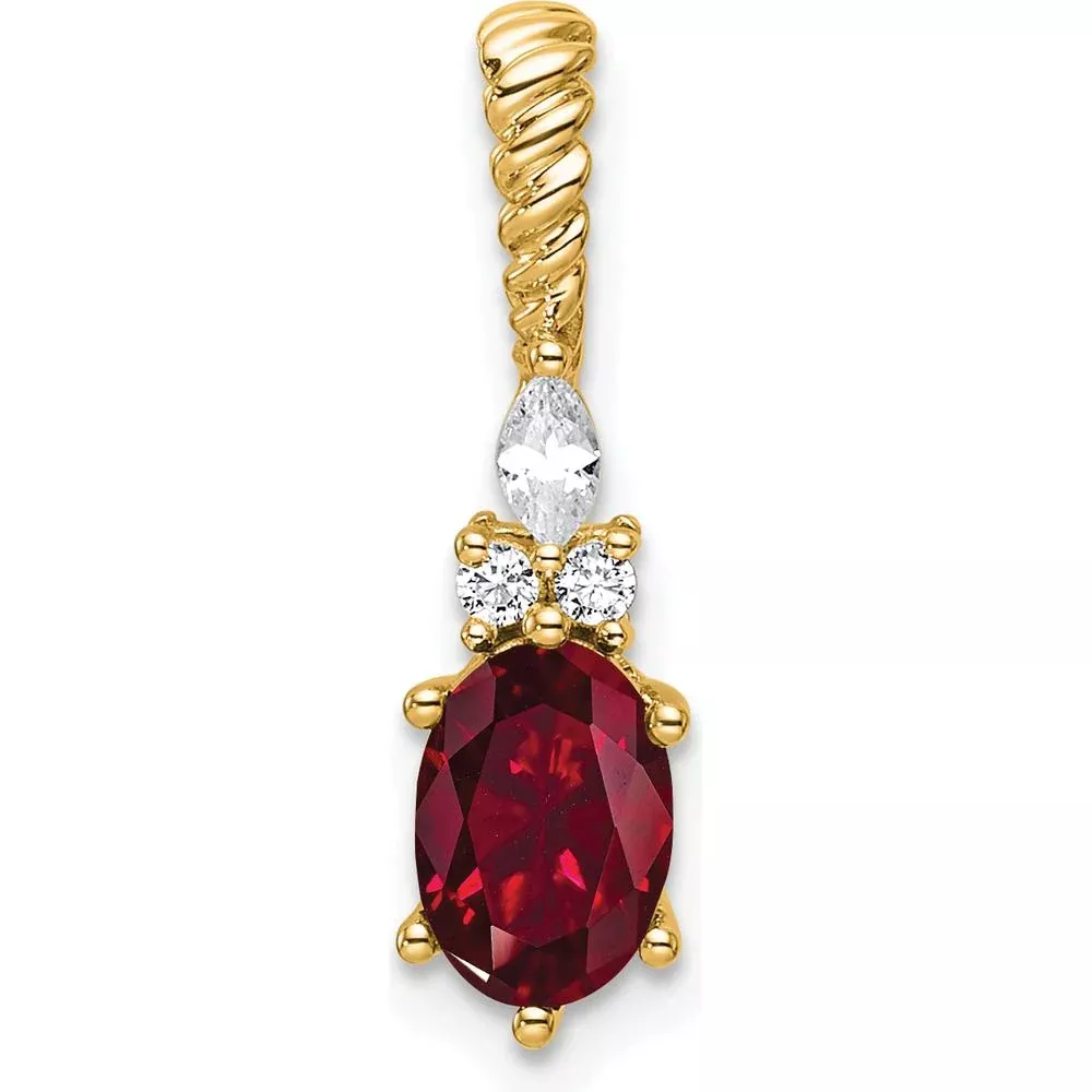 14K Yellow Gold Twisted Chain Slide Pendant with Lab Created Ruby and Diamond Accents - 7x5 mm Ruby, 3.4 mm Marquise and 2x 1.6 mm Round Diamonds by Oro Pregiato
