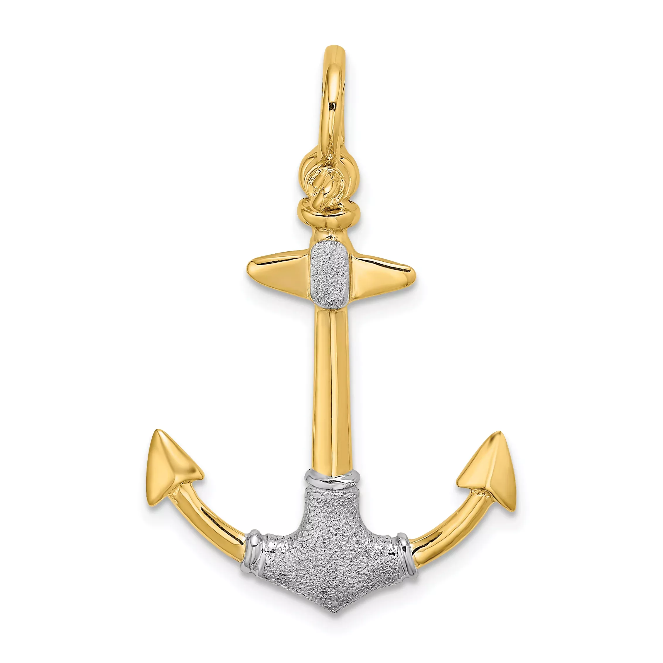 14K Yellow Gold With Rhodium 3-D Textured Anchor W/ Shackle Bail Charm