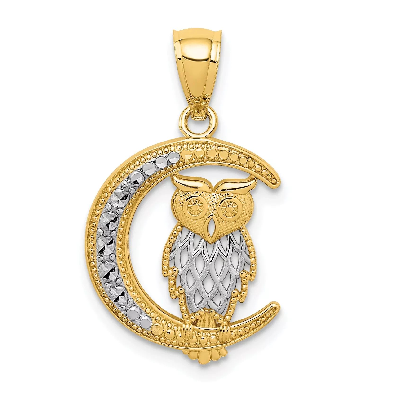 14K Yellow & Rhodium White D /C Owl On The Moon Pendant