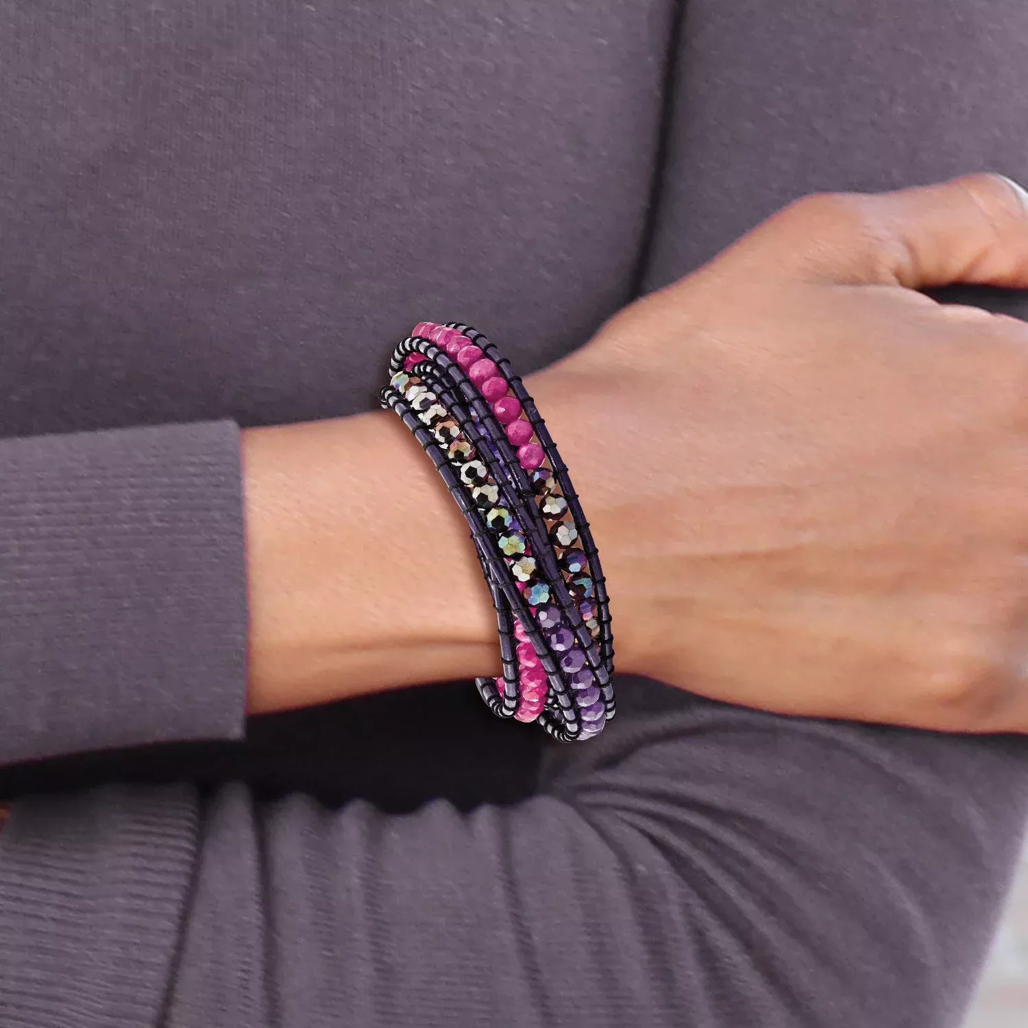 20 Inch Multi Crystal /Multi Colored Jade Beaded Leather Multi-Wrap Bracelet