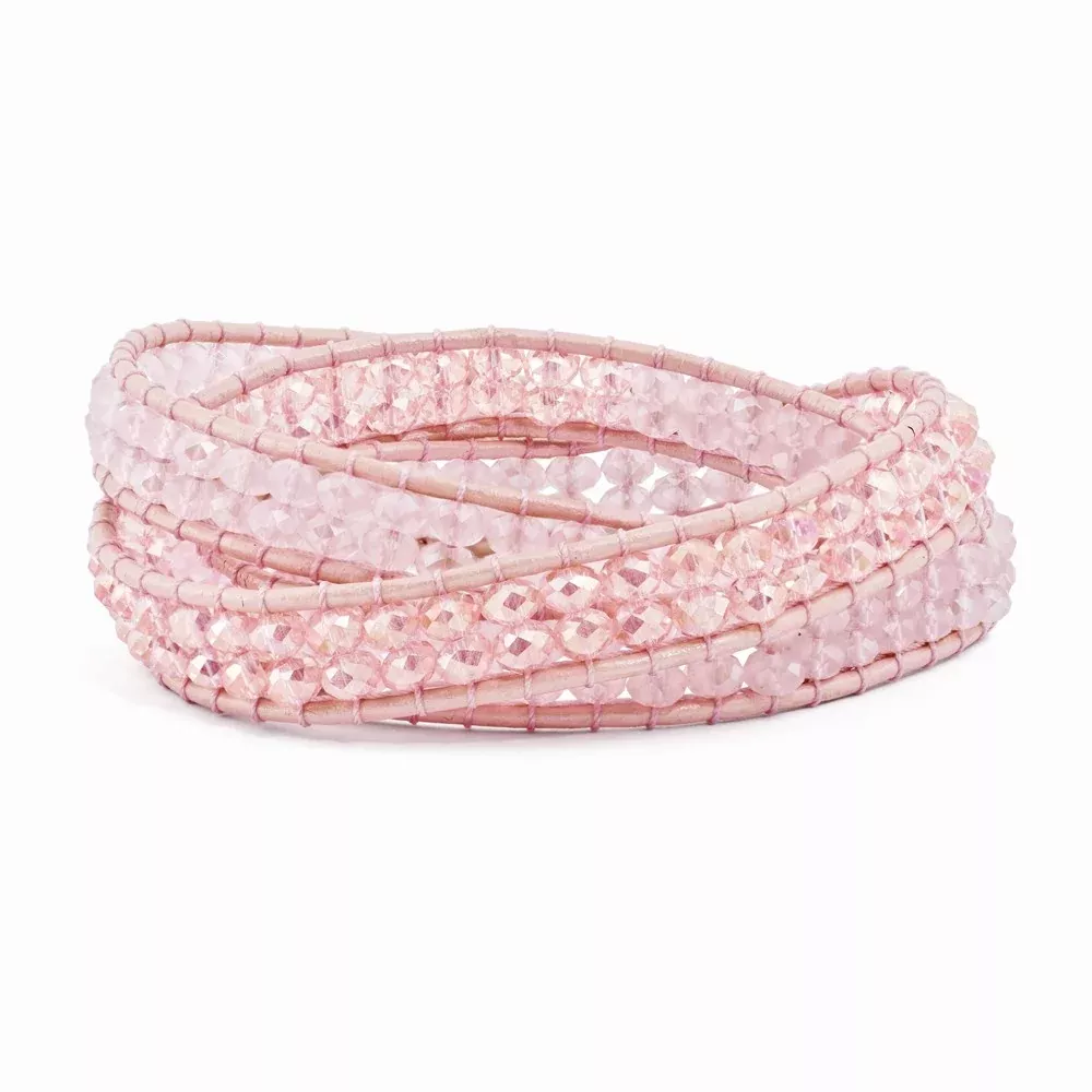 20 Inch Pink Leather Rose Quartz Beaded Multi Wrap Brass Button Bracelet