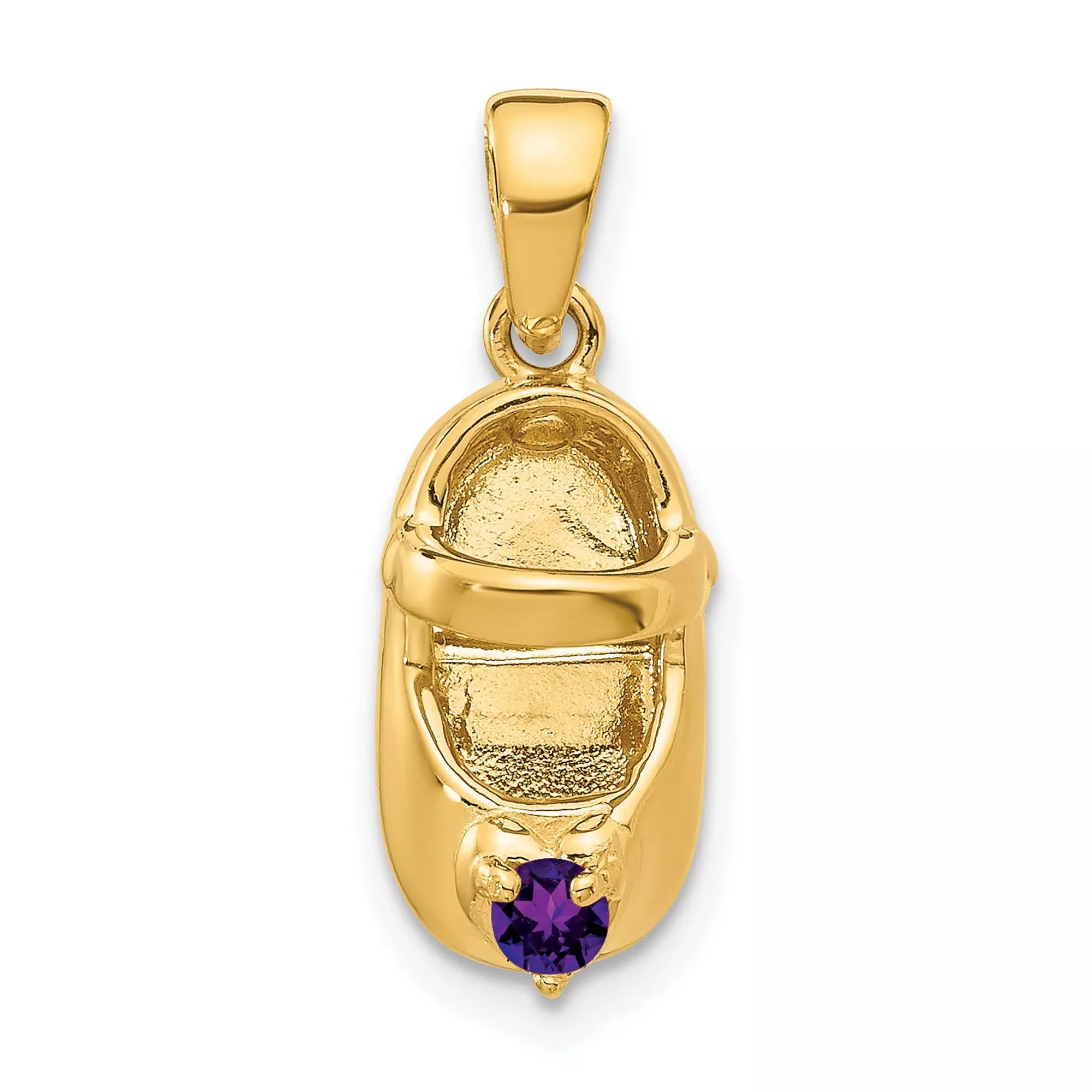 3-D February Synthetic Stone Engravable Baby Shoe Charm Pendant in Real 14k Yellow Gold