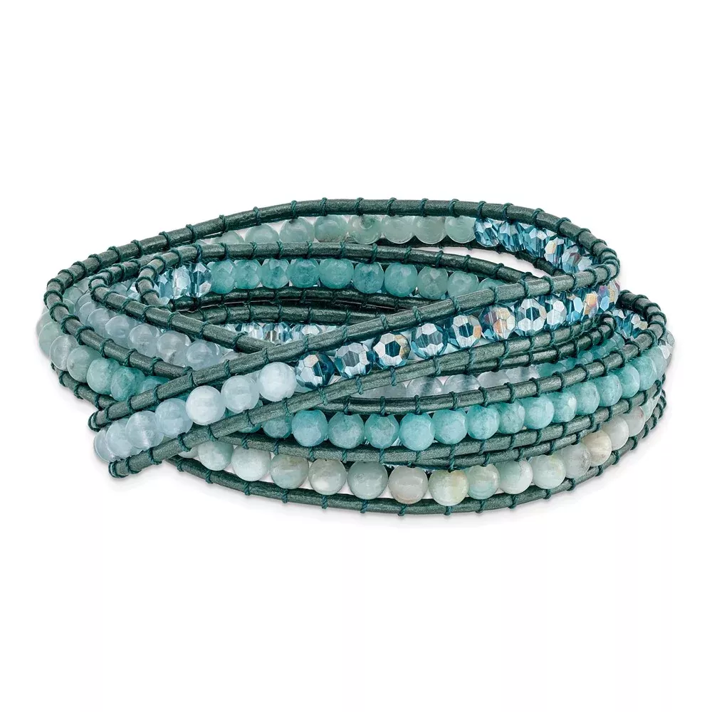 34 Inch Amazonite /Crystal /Blue Quartz /Leather Multi-Wrap Bracelet