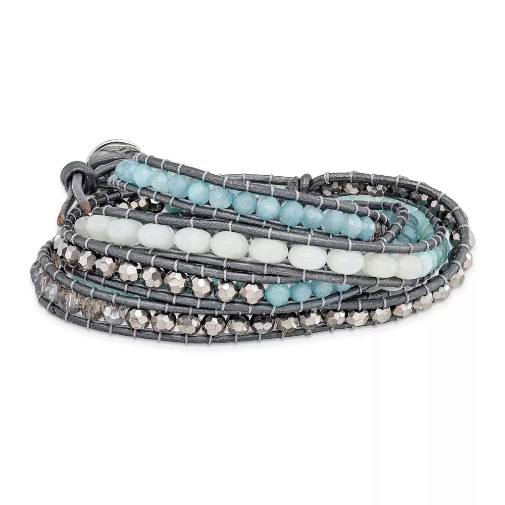 34 Inch Aquamarine /Blue Quartz /Crystal /Leather Multi-Wrap Bracelet