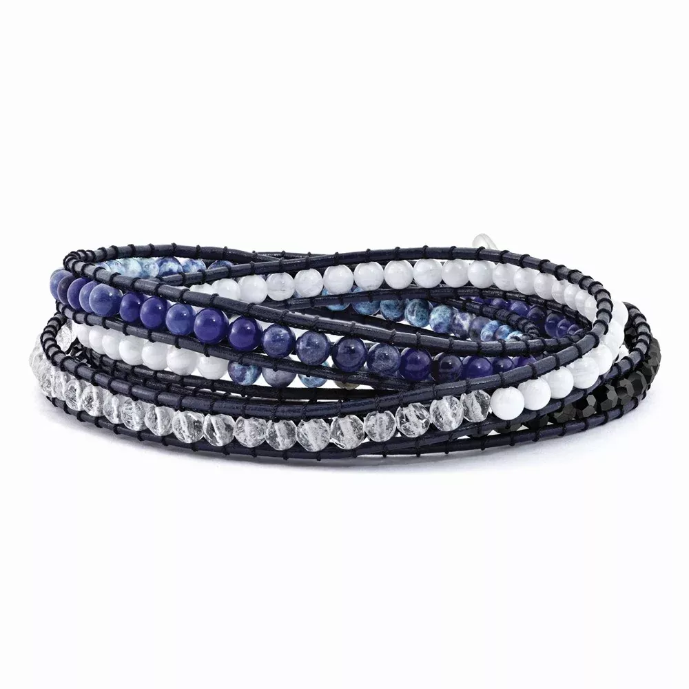 34 Inch Blue Agate /Crystal /Sodalite /Leather Multi-Wrap Bracelet