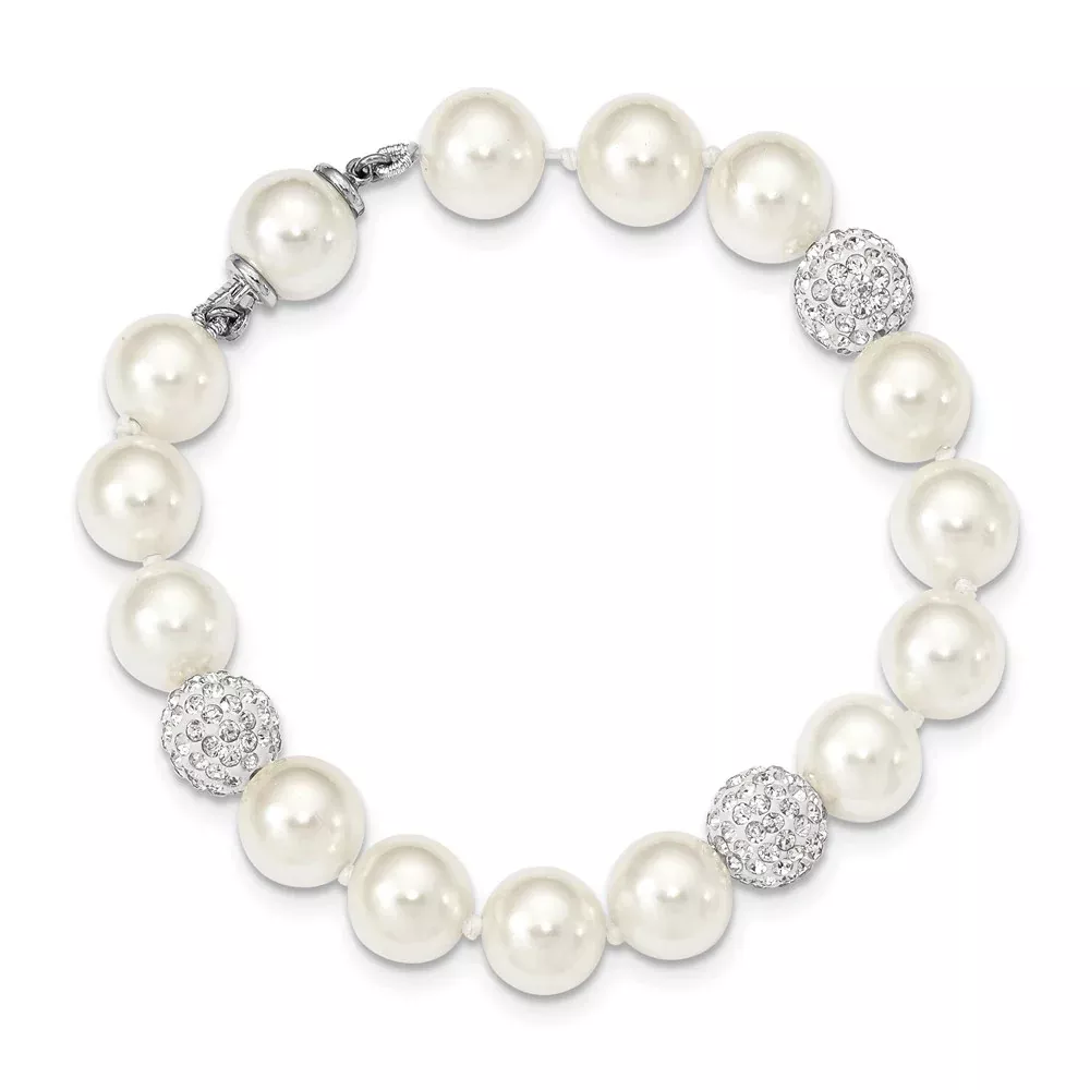 8 Inch Majestik Sterling Silver Rhodium-Plated 10-11mm White Imitation Shell Crystal Hand-Knotted Bracelet