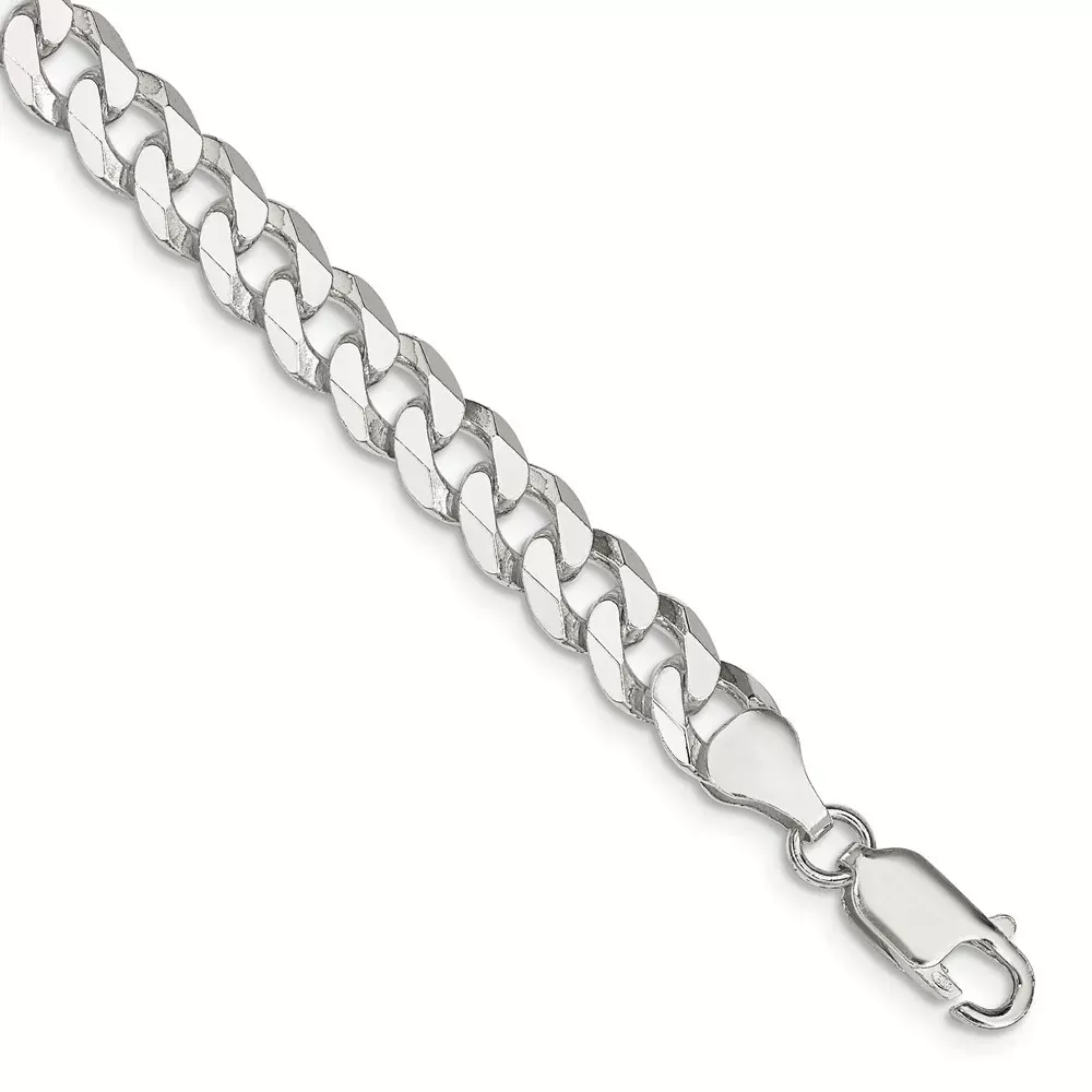 8 Inch Sterling Silver 7mm Beveled Curb Chain Bracelet