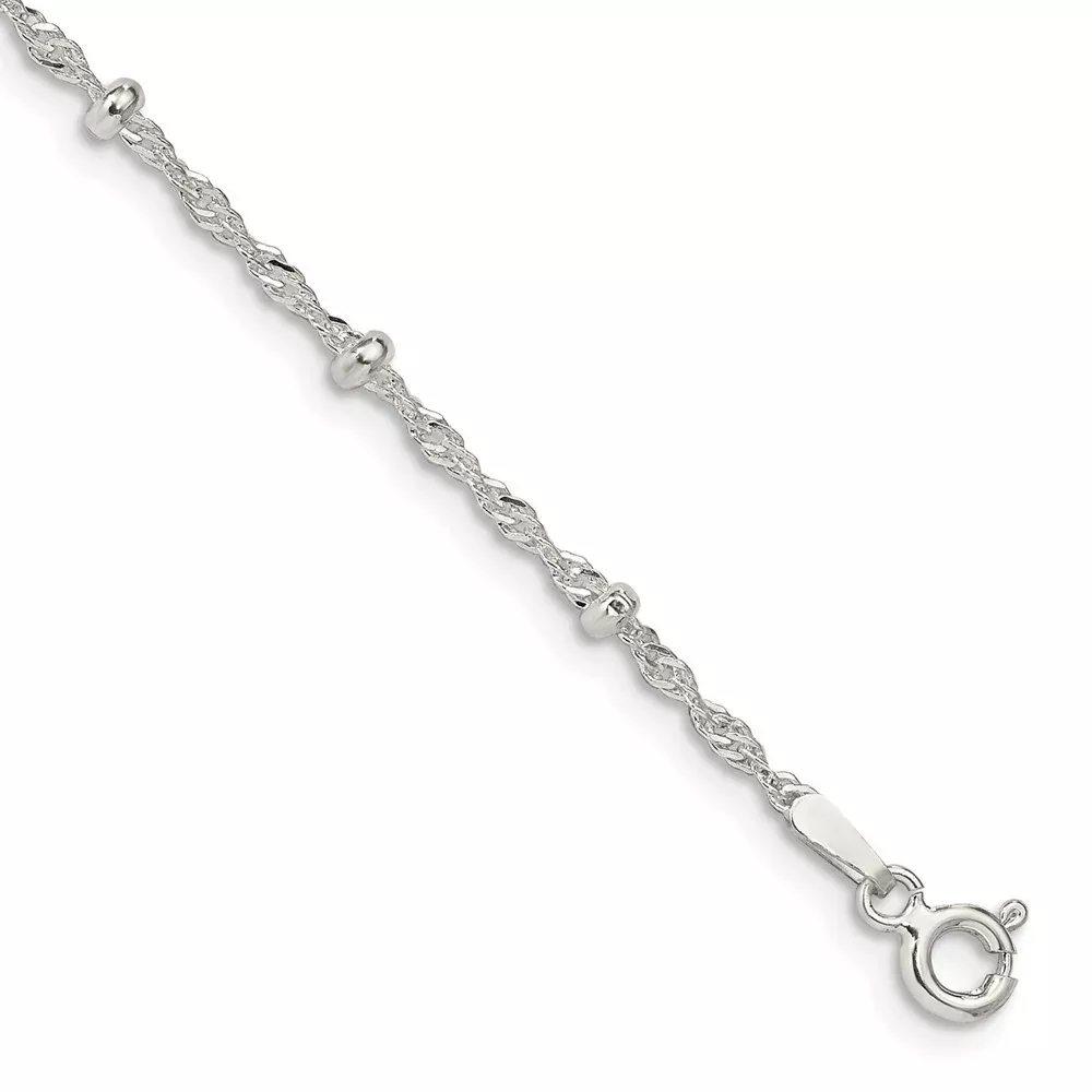 9 Inch Sterling Silver 2.5mm Singapore W/ Beads Chain Anklet