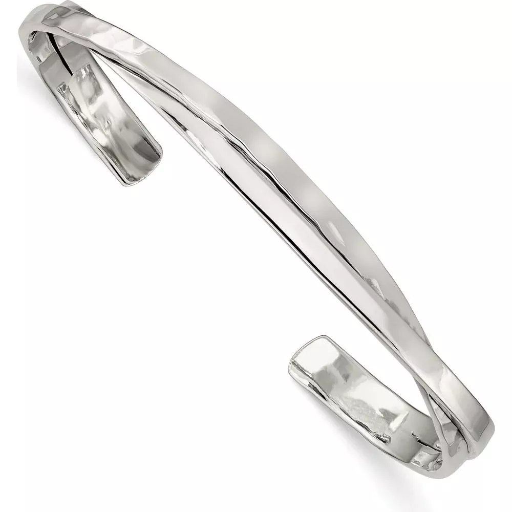 925 Sterling Silver Rhodium-Plated Hammered Texture Cuff Bracelet - 3mm Width by Lumare Gioia