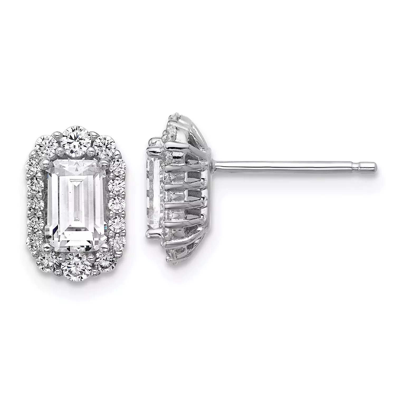 Cheryl M Sterling Silver Rhodium-plated Polished Emerald-cut CZ Halo Post Earrings