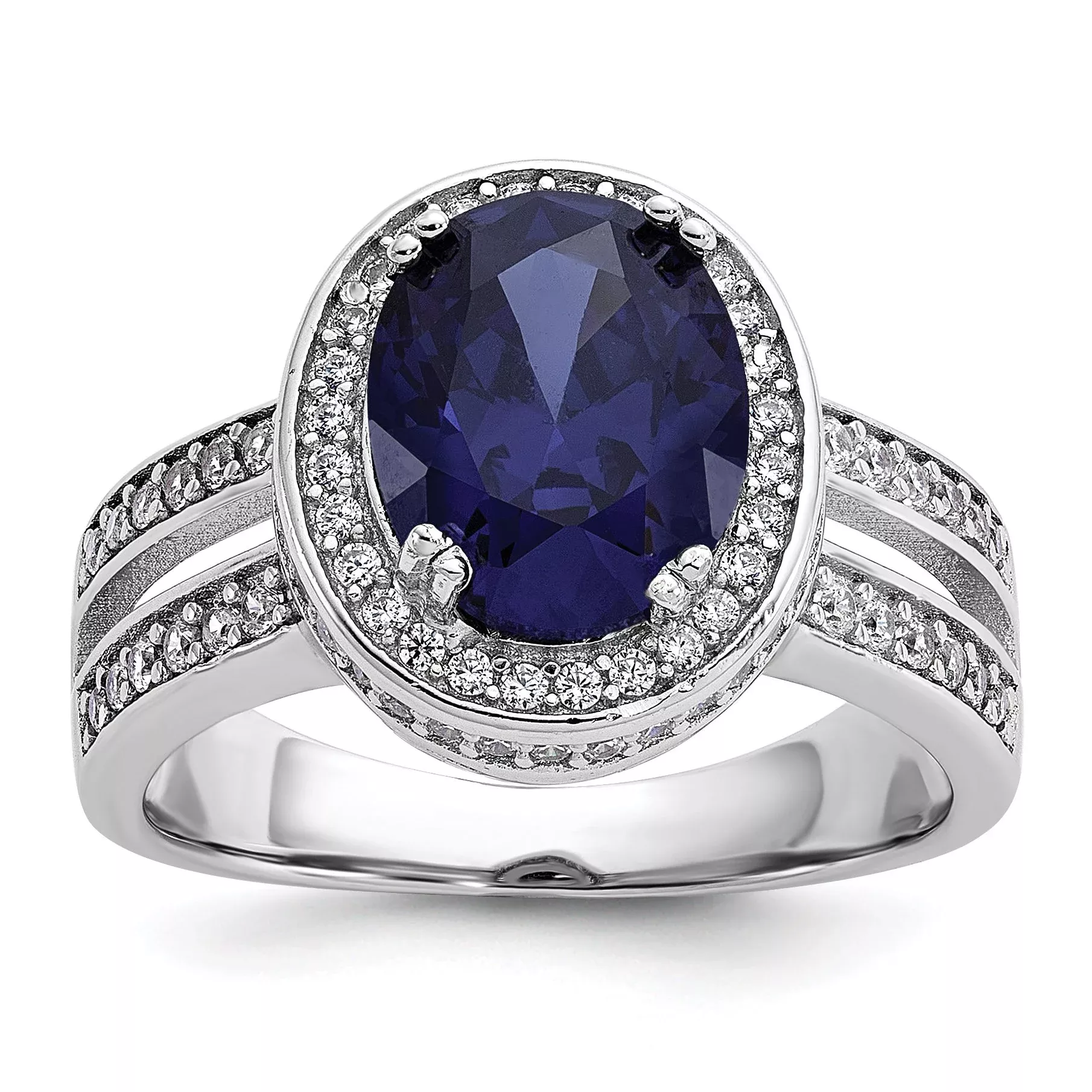 Cheryl M Sterling Silver Rhodium-plated Polished Fancy Blue and White CZ Halo Ring
