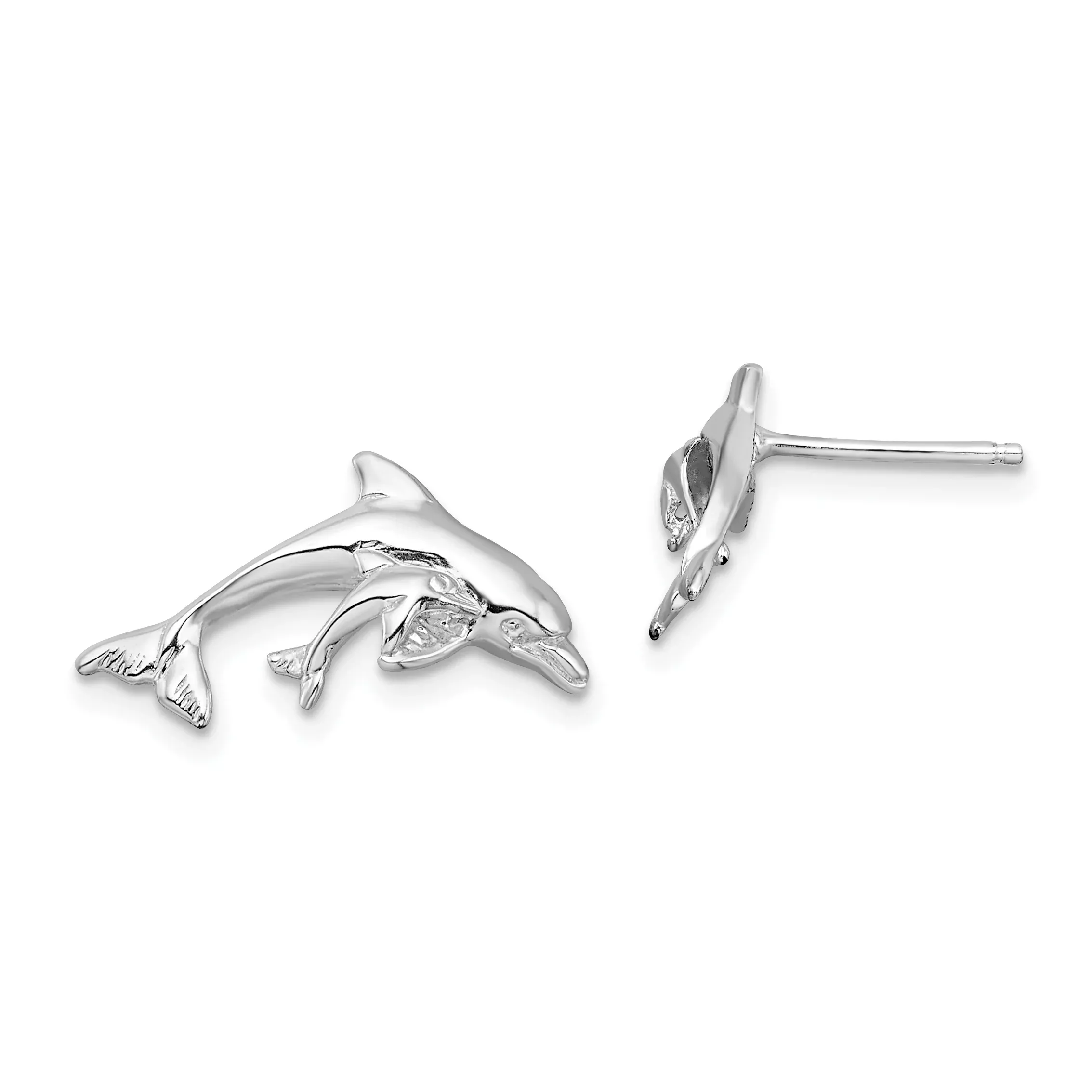 De-Ani Sterling Silver Rhodium-Plated Polished Dolphin and Baby Post Earrings
