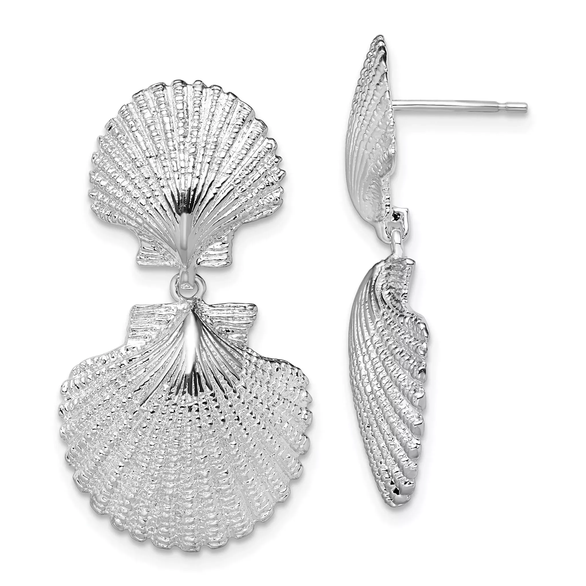 De-Ani Sterling Silver Rhodium-Plated Polished Double Shell Dangle Post Earrings