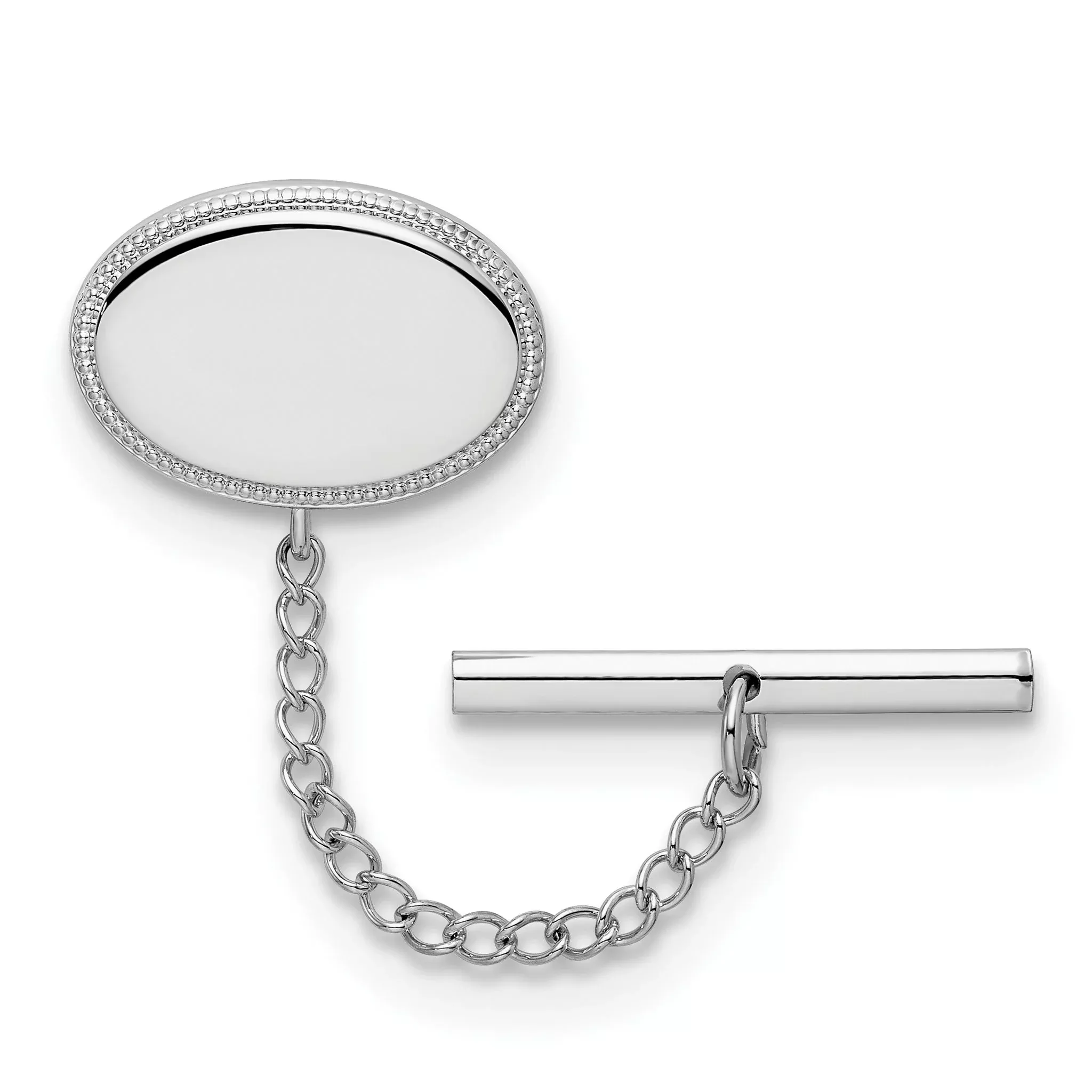 Kelly Waters Rhodium-plated Oval Beaded Engravable Tie Tac with Safety Chain