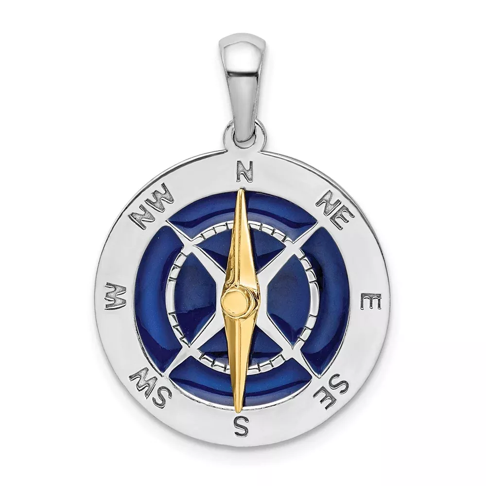 Silver/14K Two-Tone De-Ani Sterling Silver Rhodium-Plated Enameled Compass With 14K Moving Needle Pendant