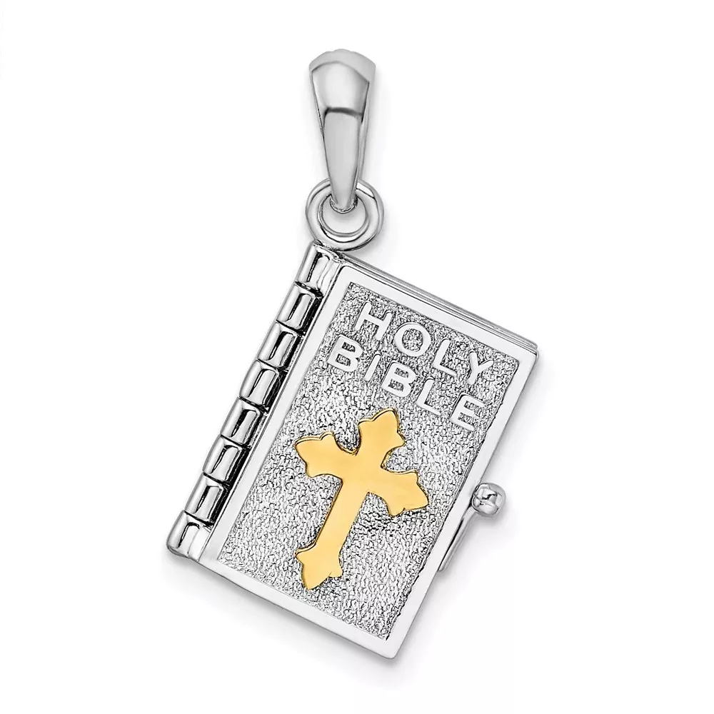 Silver/14K Two-Tone De-Ani Sterling Silver Rhodium-Plated Polished 3D Lords Prayer Holy Bible Pendant