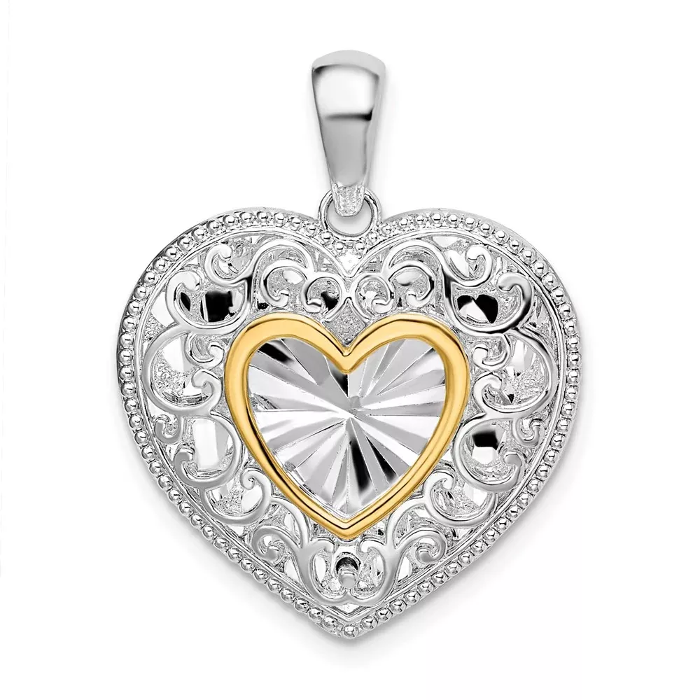 Silver/14K Two-Tone De-Ani Sterling Silver Rhodium-Plated Polished Heart With 14K Accent Pendant