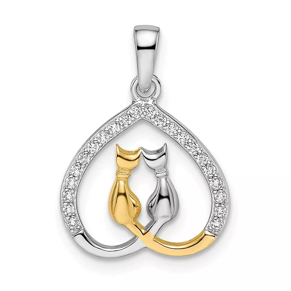 Ss/Gold Plated Sterling Silver Rh-Plated & Gold-Plated Cz Heart W/Two Cats Pendant