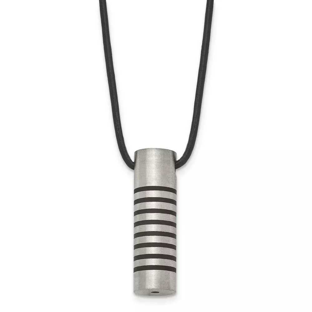 Stainless Steel Chisel Brushed And Polished With Black Rubber Cylinder On An 18 Inch Leather Cord Necklace