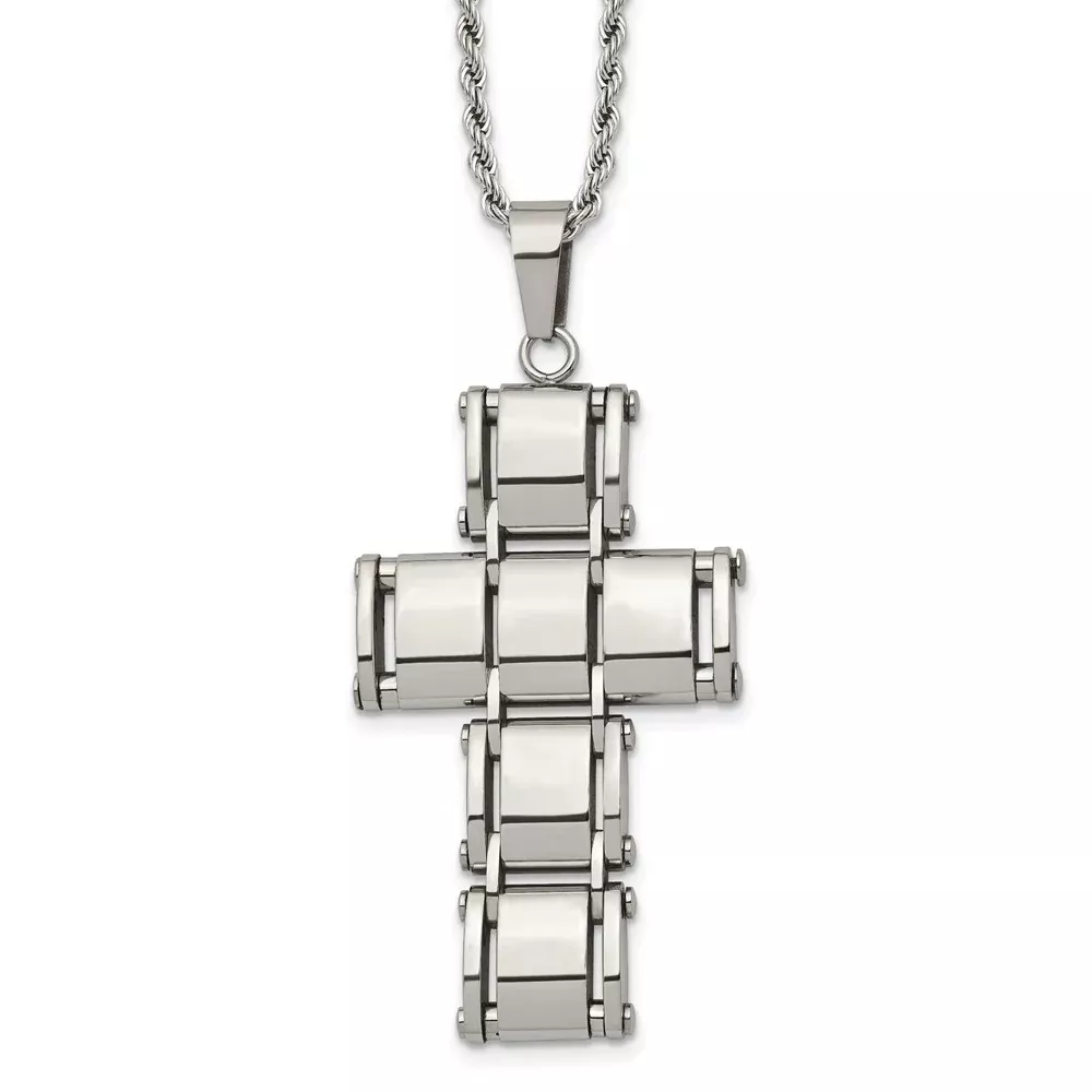 Stainless Steel Chisel Polished Moveable Cross 22 Inch Rope Chain Necklace