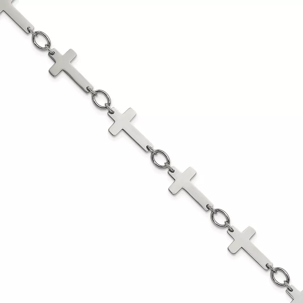 Stainless Steel Chisel Polished Sideways Cross Link 10 Inch Anklet