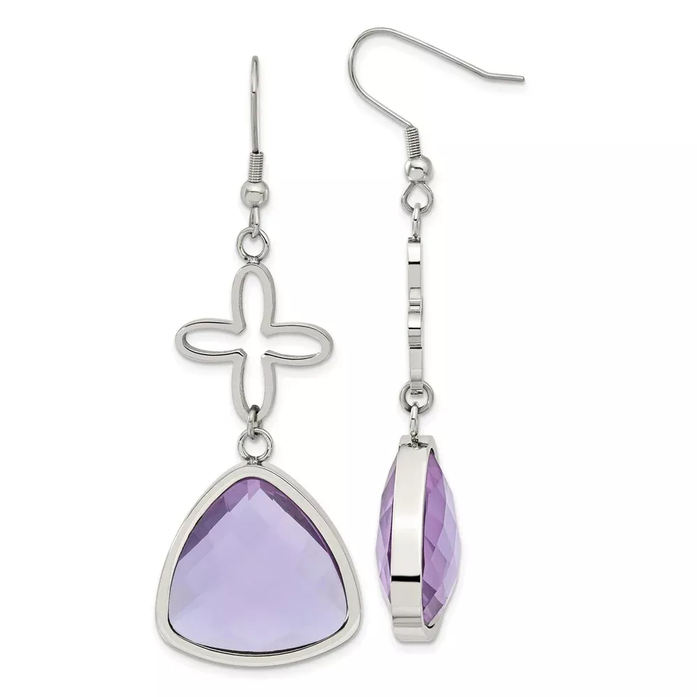 Stainless Steel Polished Flower Purple Glass Shepherd Hook Earrings