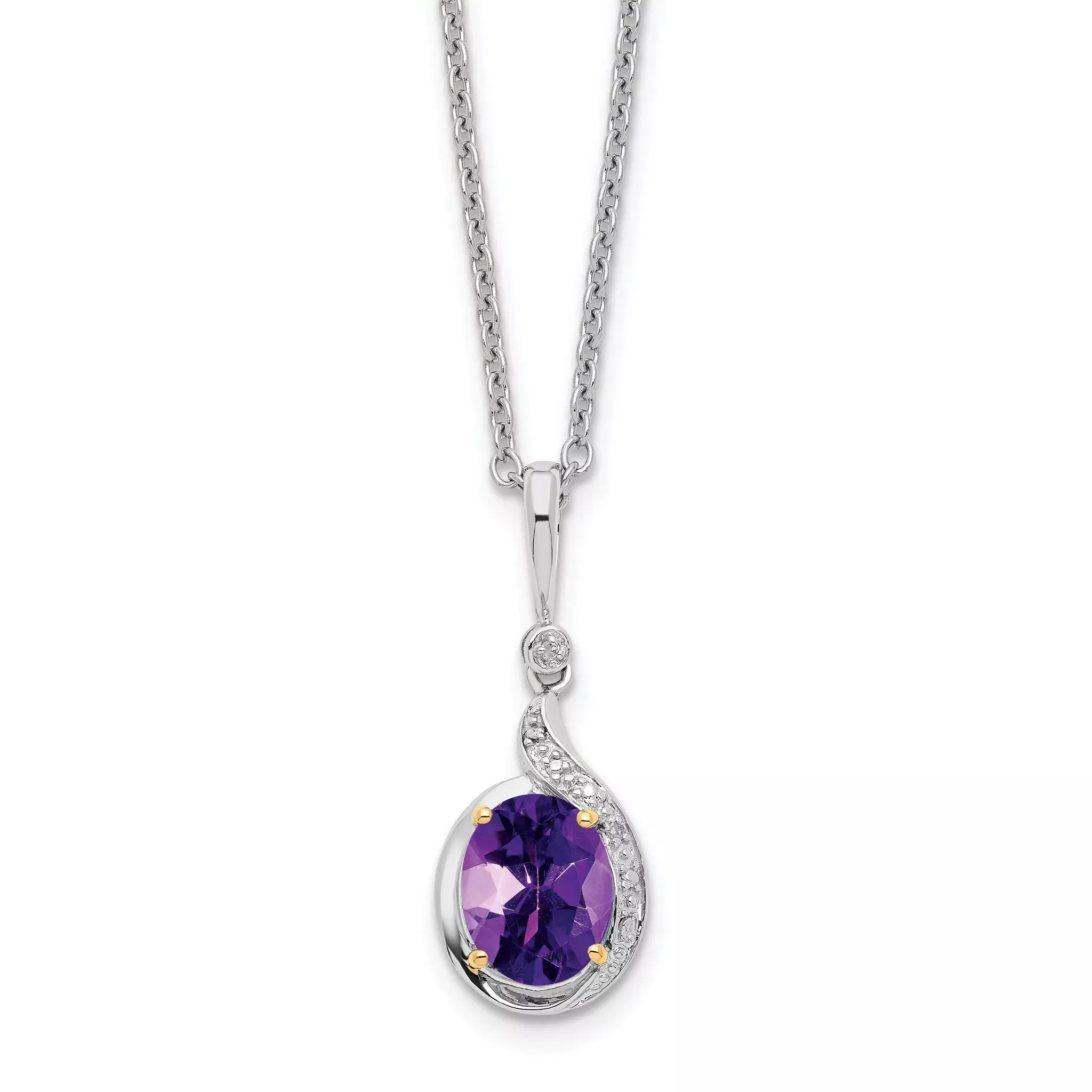 Sterling Silver/14k RH-plated Amethyst/Diamond 18in w/2in ext Necklace