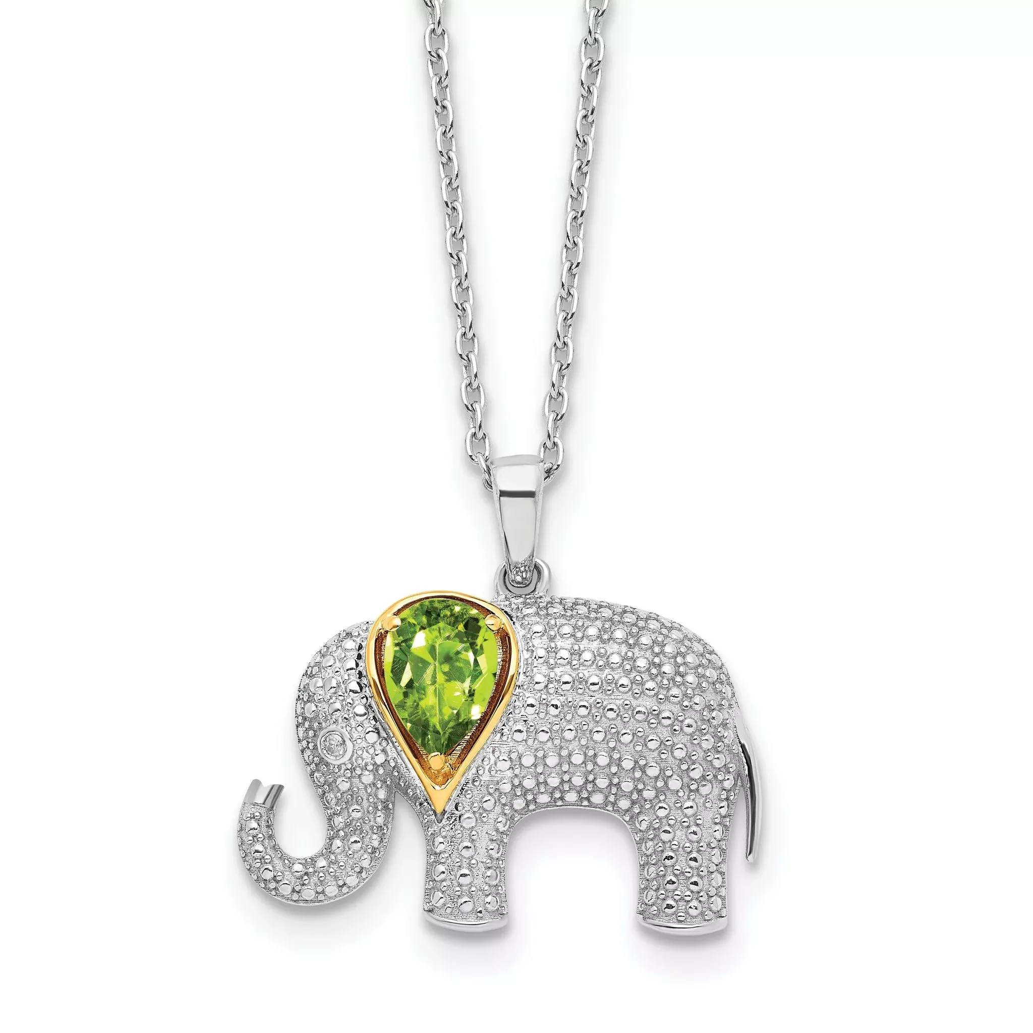 Sterling Silver/14k RH-pltd Peridot/Dia. Elephant 18in w/2in ext Necklace