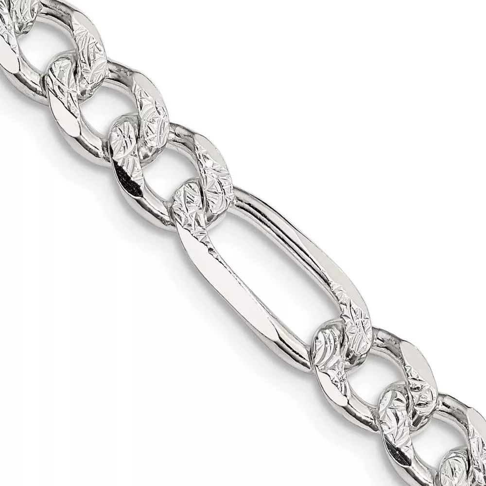 Sterling Silver 26" Flat Figaro Chain with Pavé Finish - 7.25mm Width by Lumare Gioia