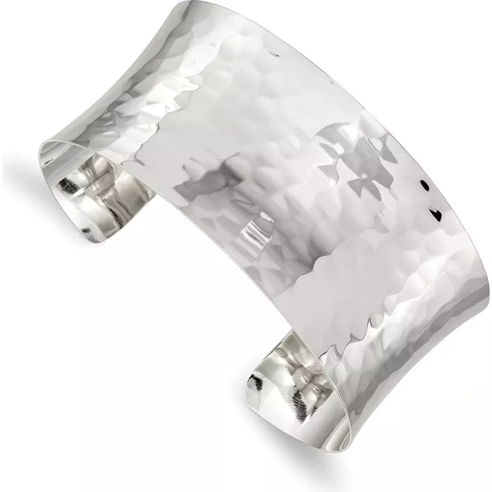 Sterling Silver 30mm Hammered Cuff Bangle - Polished Finish by Lumare Gioia