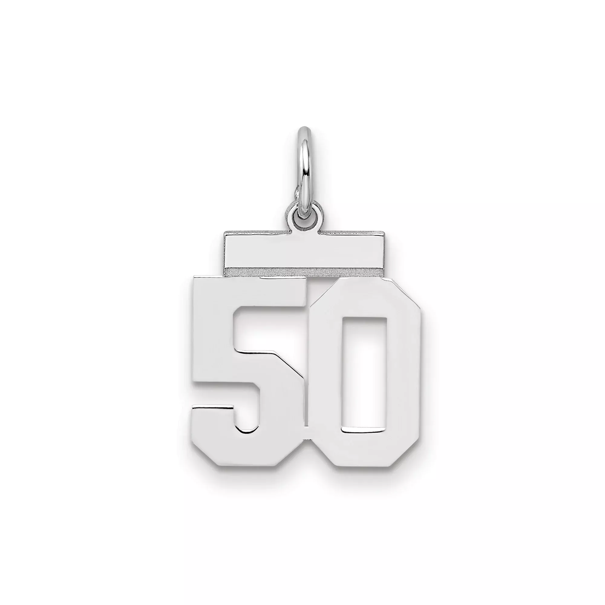 Sterling Silver 50 Pendant, Polished Block-Style Number Charm for Birthday or Anniversary