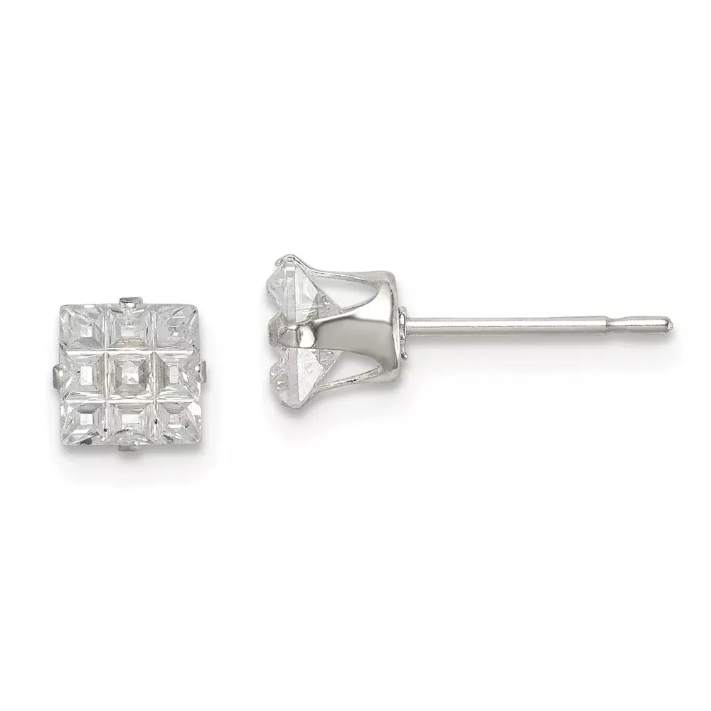 Sterling Silver 5mm Square Snap Set Laser-Cut Cz Stud Earrings