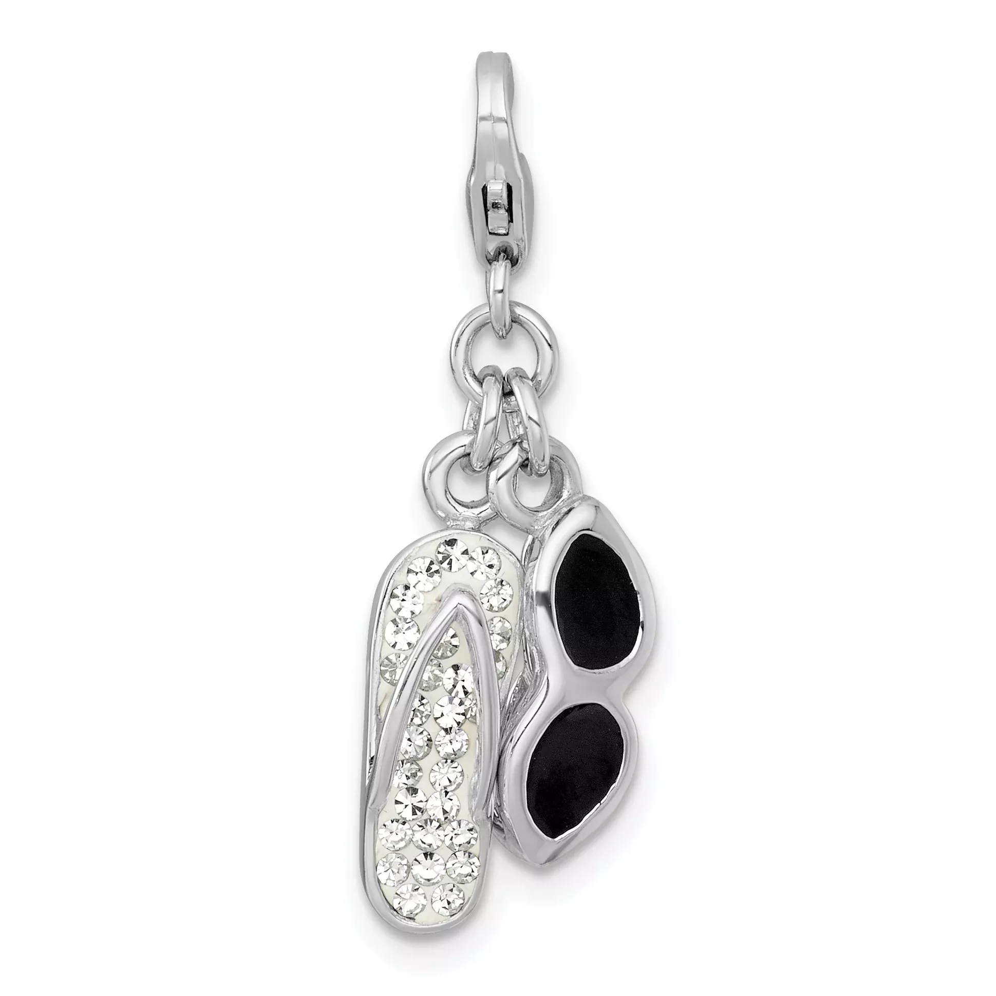 Sterling Silver Amore La Vita Rhodium-plated Polished Black Enamel SunglaSterling Silveres And White Crystal Flip-Flop Charm