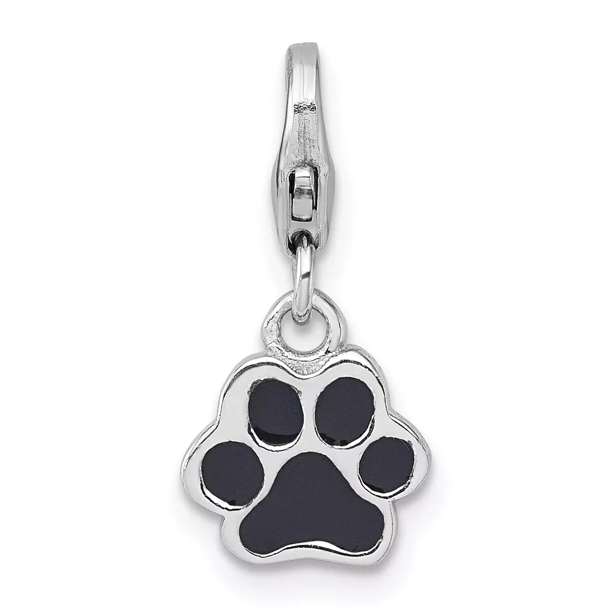 Sterling Silver Amore La Vita Rhodium-plated Polished with Black Enamel Paw Print with Lobster Clasp Charm