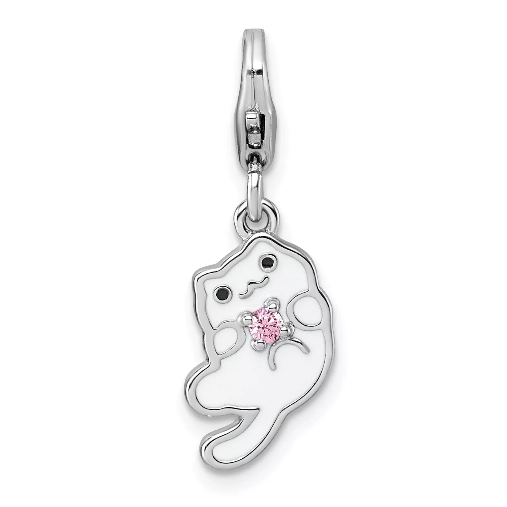 Sterling Silver Amore La Vita Rhodium-plated White Enameled Cat with Pink CZ Charm with Lobster Clasp