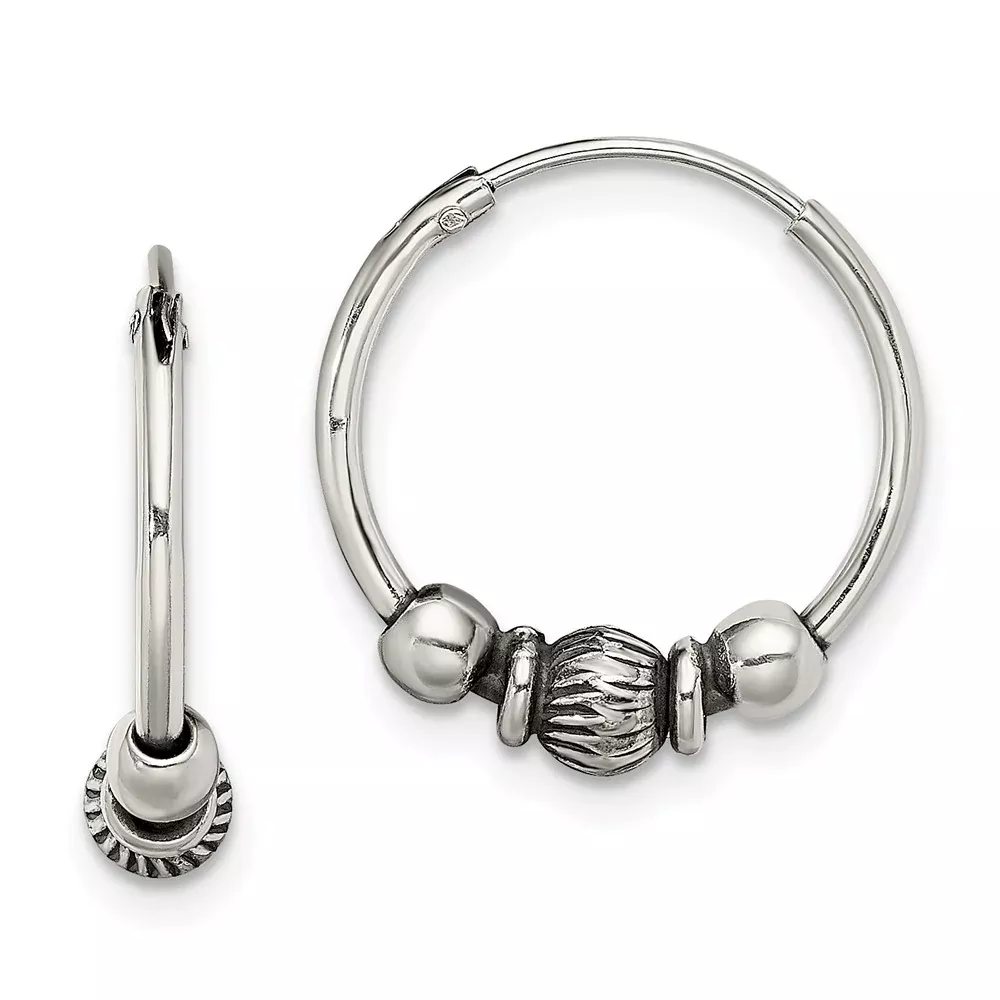 Sterling Silver Antiqued Beaded Endless Hoop Earrings