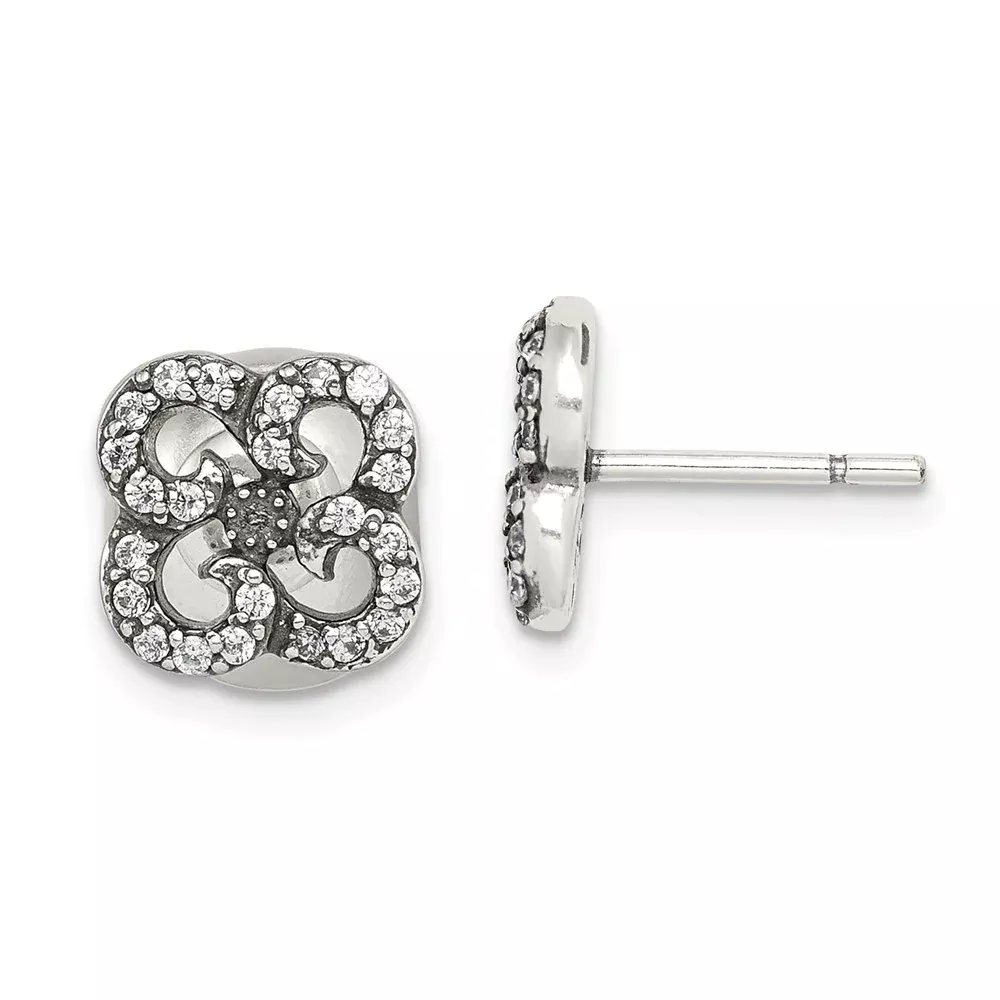 Sterling Silver Antiqued Cz Flower Front & Back Post Earrings